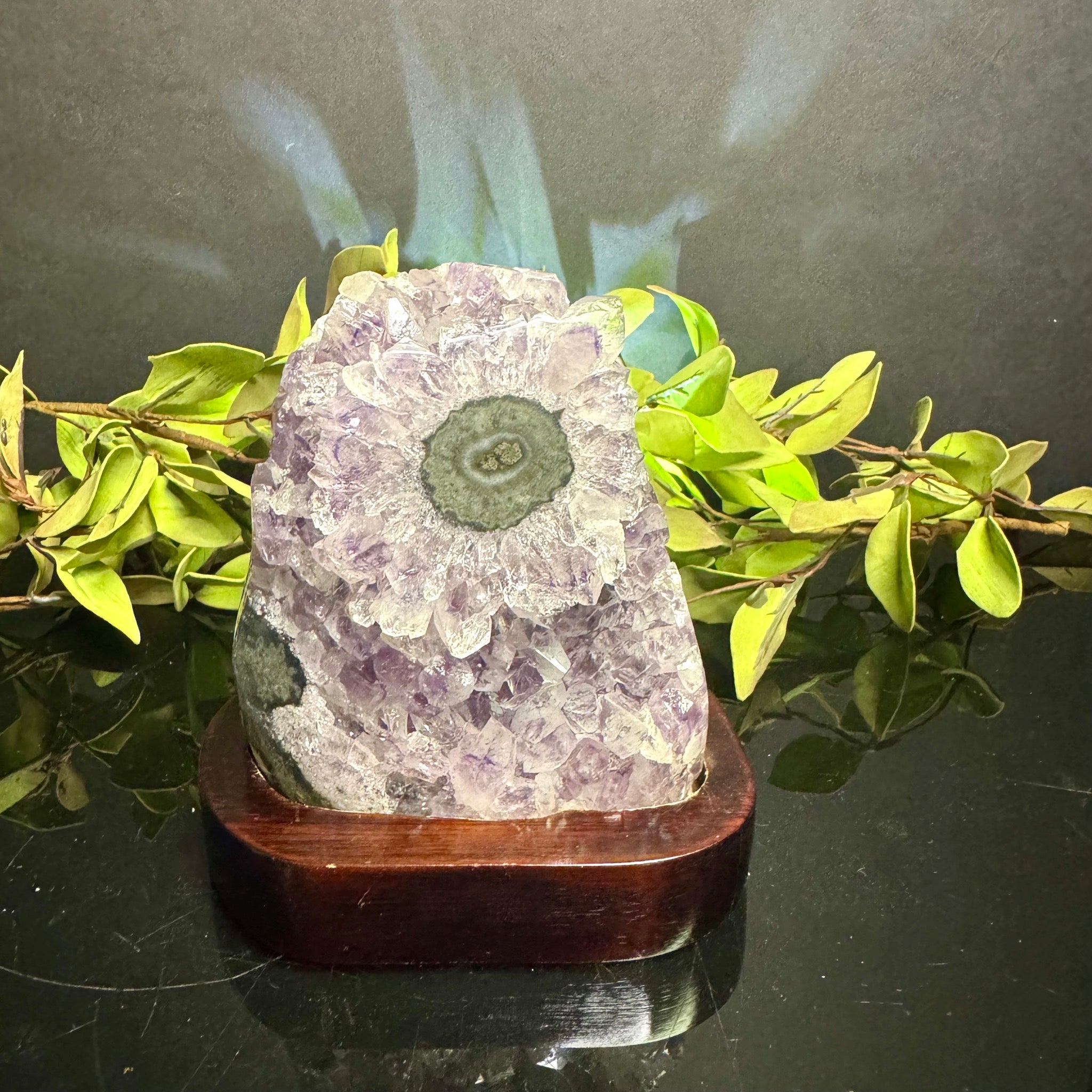 Amethyst Cluster with Stalactite on Wooden Base