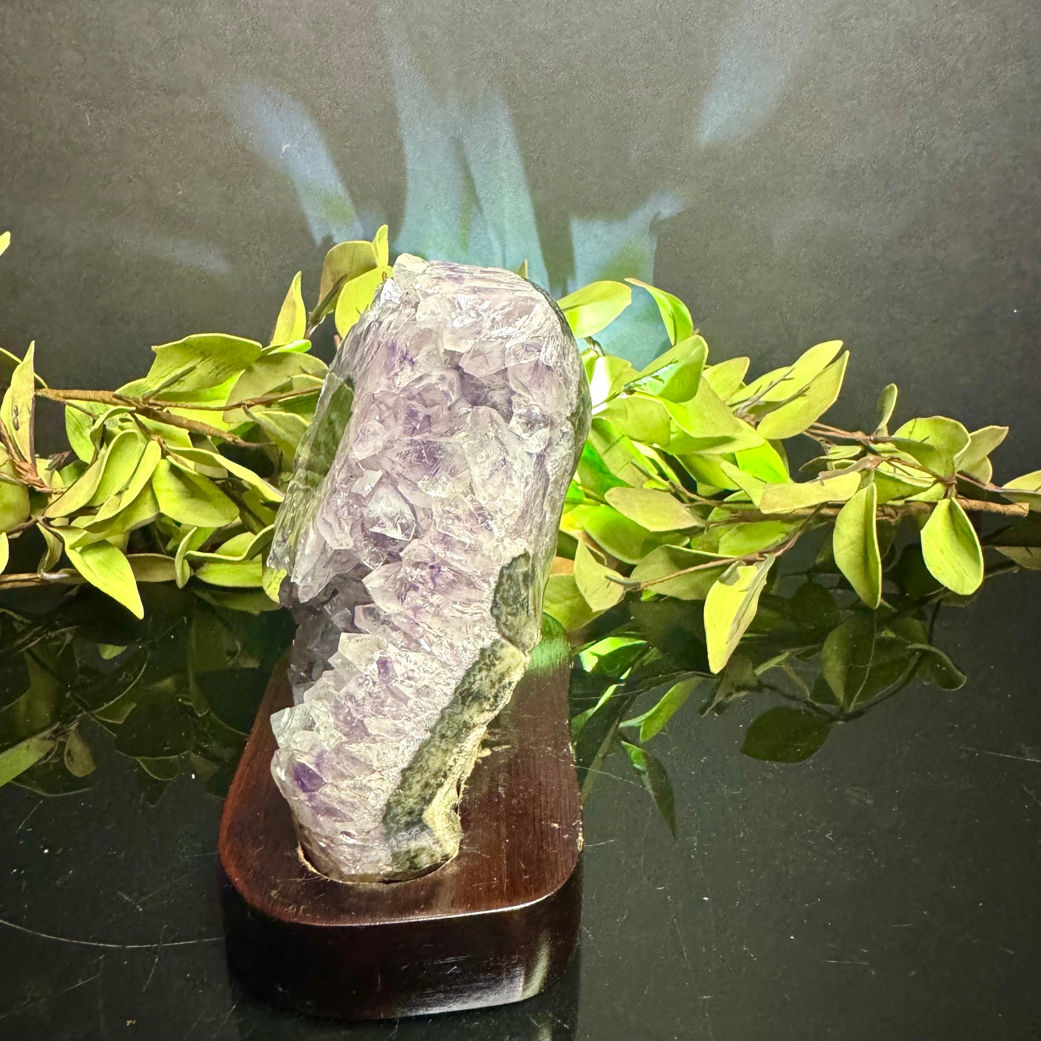 Amethyst Cluster with Stalactite on Wooden Base