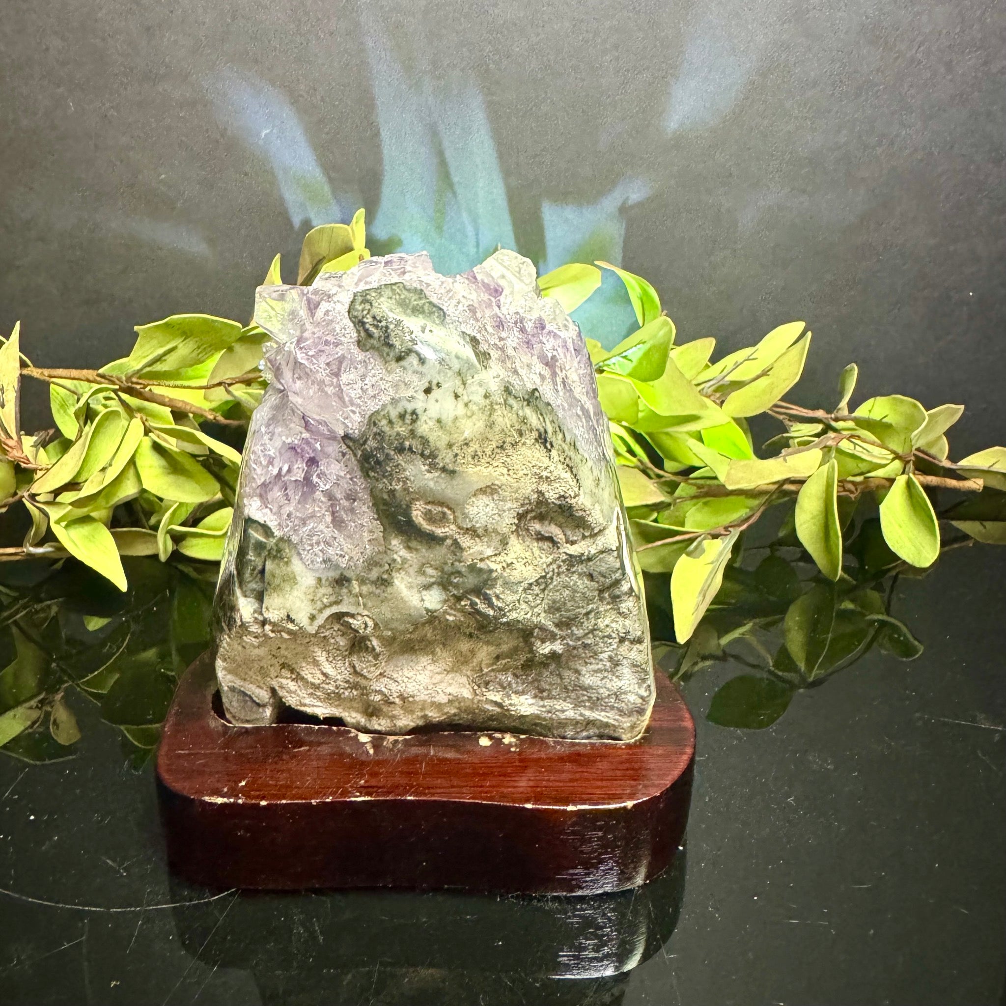 Amethyst Cluster with Stalactite on Wooden Base