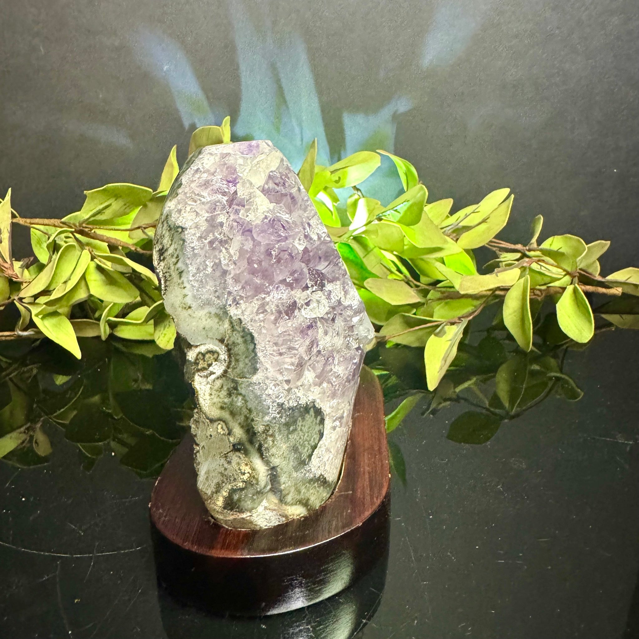 Amethyst Cluster with Stalactite on Wooden Base