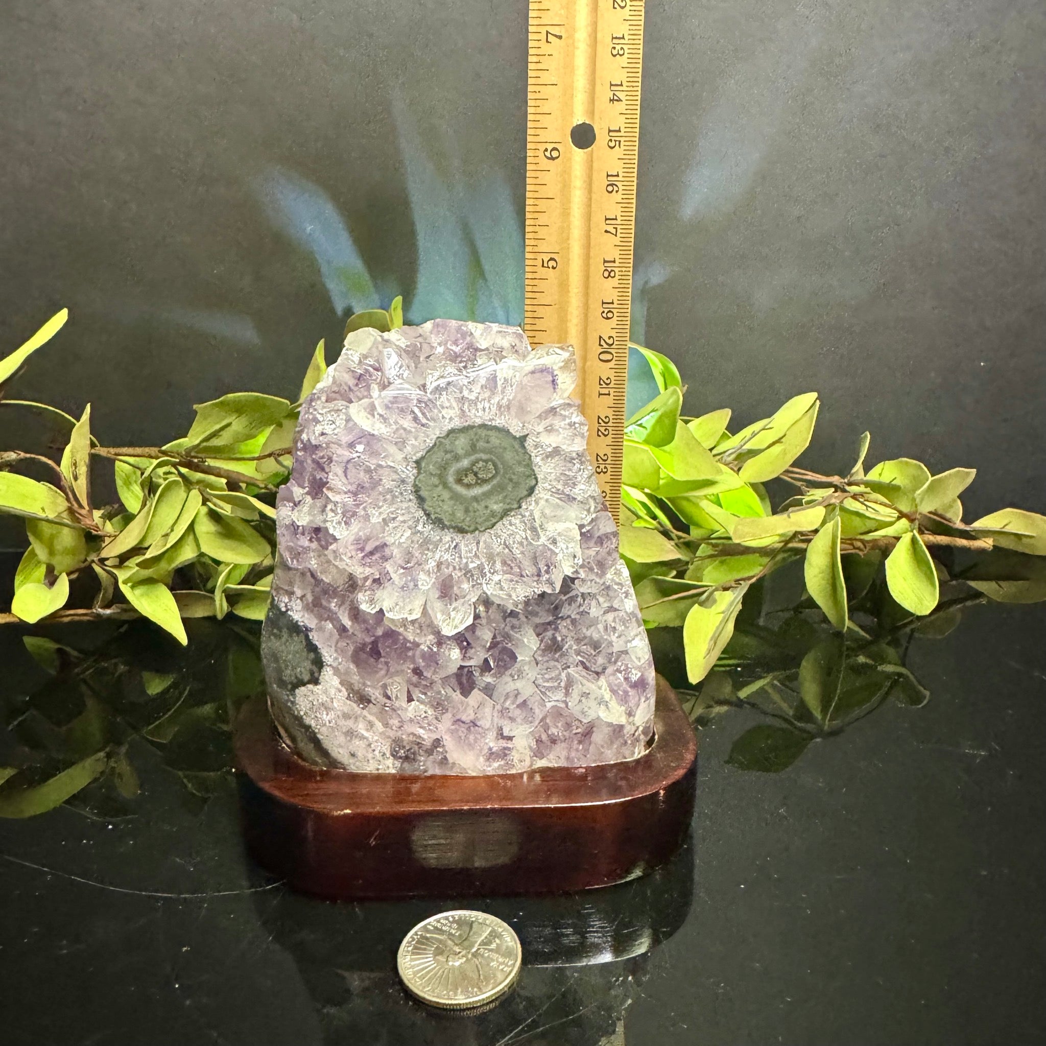 Amethyst Cluster with Stalactite on Wooden Base