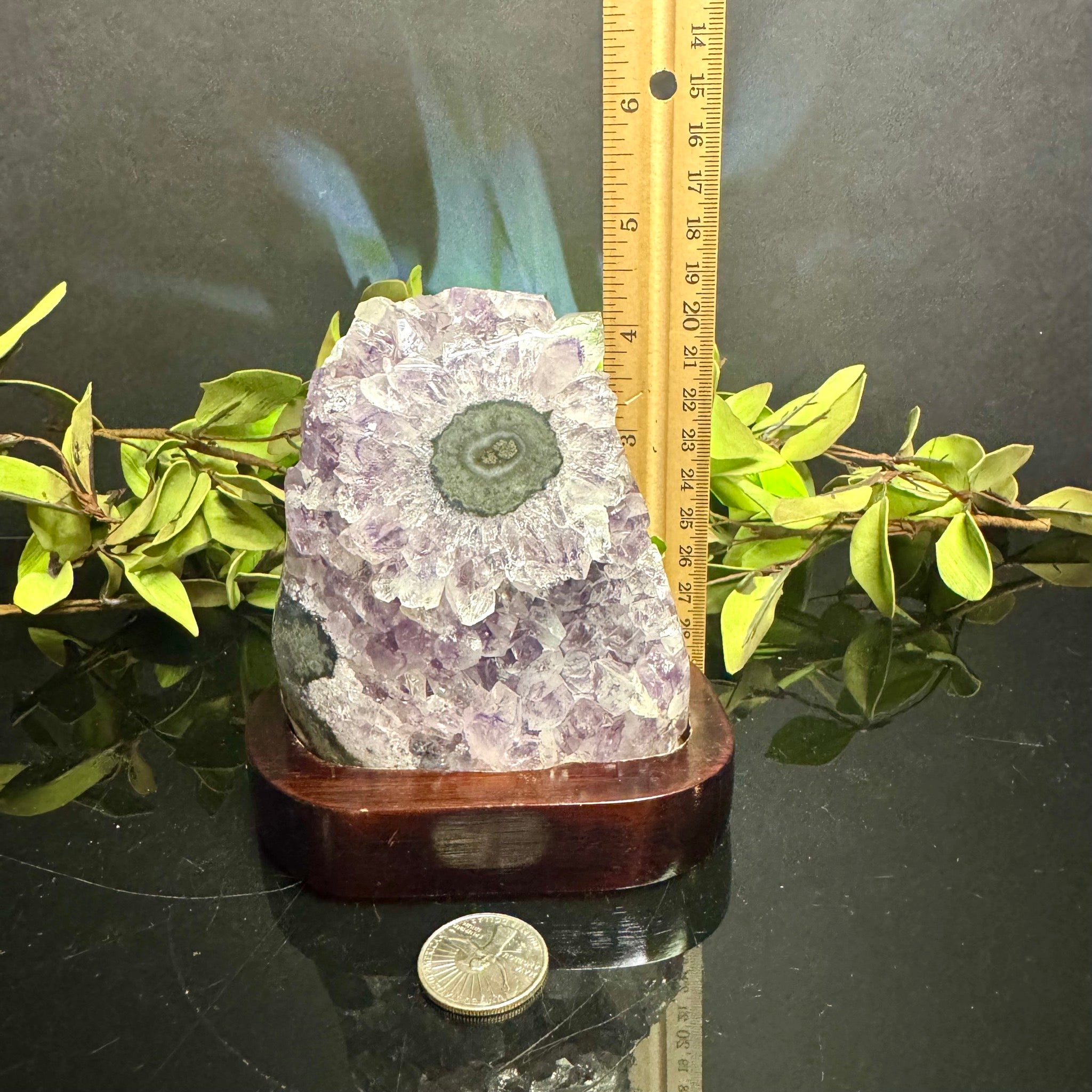 Amethyst Cluster with Stalactite on Wooden Base