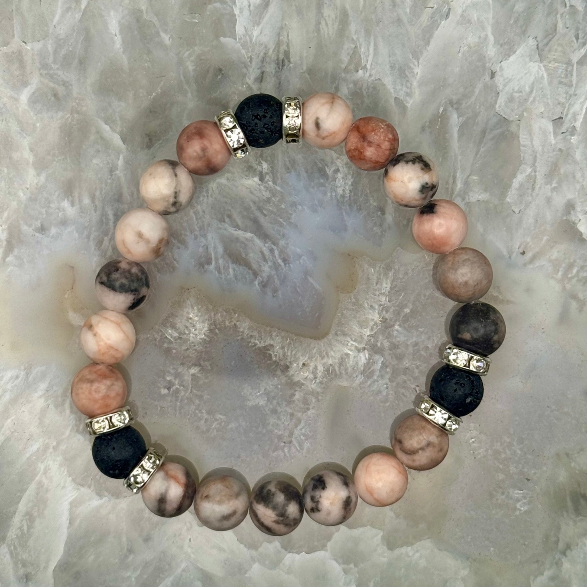 Pink Zebra Jasper with Black Lava Stone Stretch Bracelet