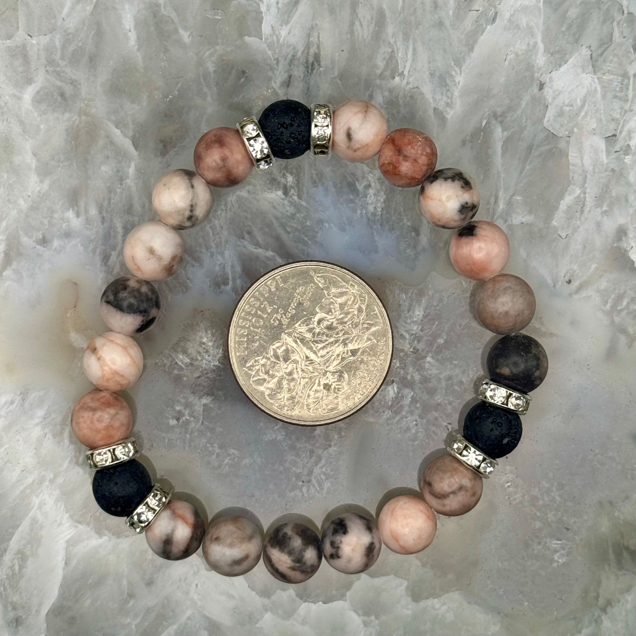 Pink Zebra Jasper with Black Lava Stone Stretch Bracelet