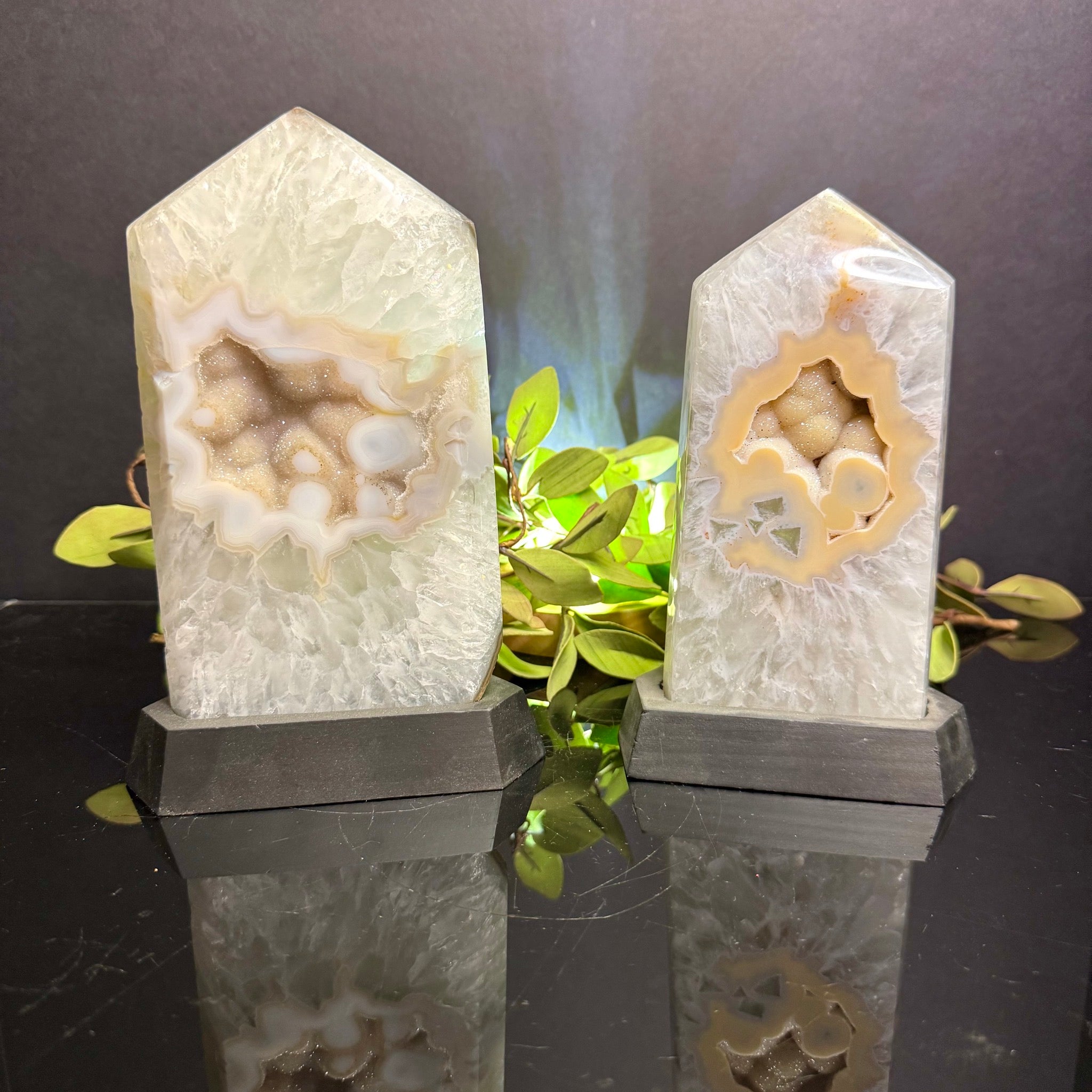 Druzy Agate on Black Wooden Base