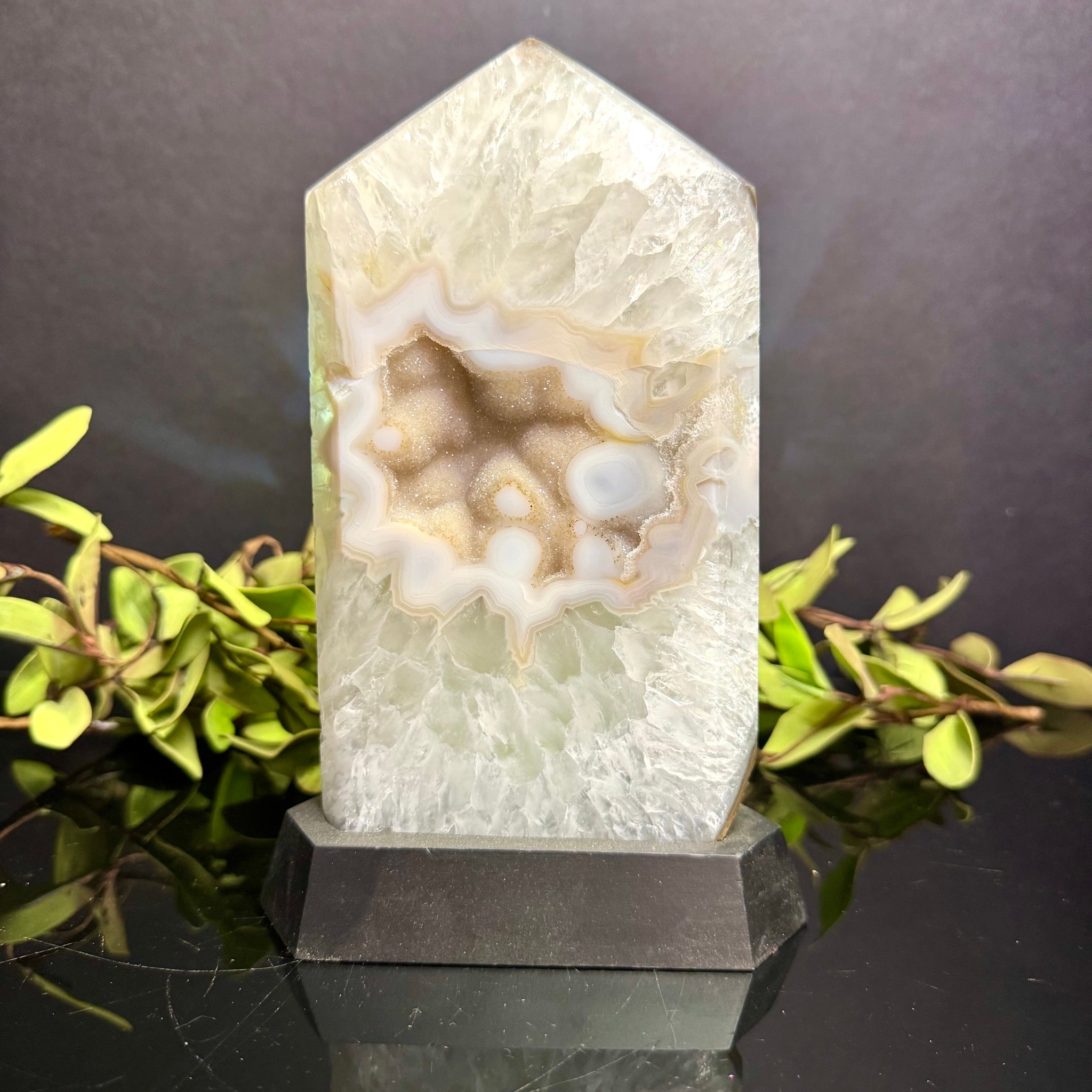 Druzy Agate on Black Wooden Base