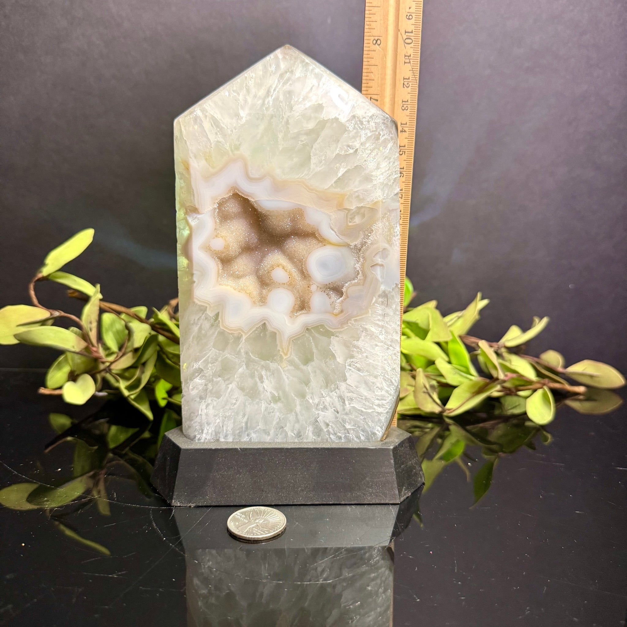 Druzy Agate on Black Wooden Base