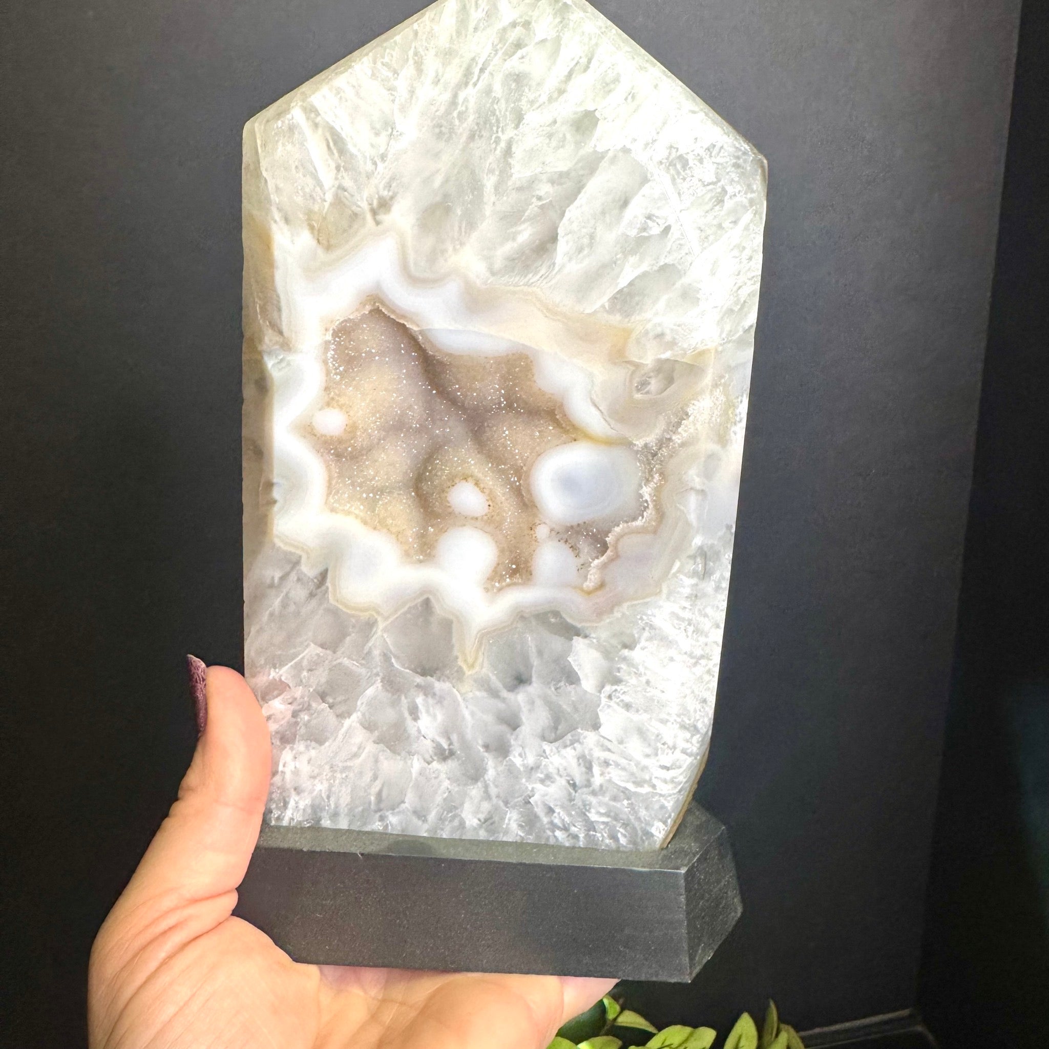 Druzy Agate on Black Wooden Base