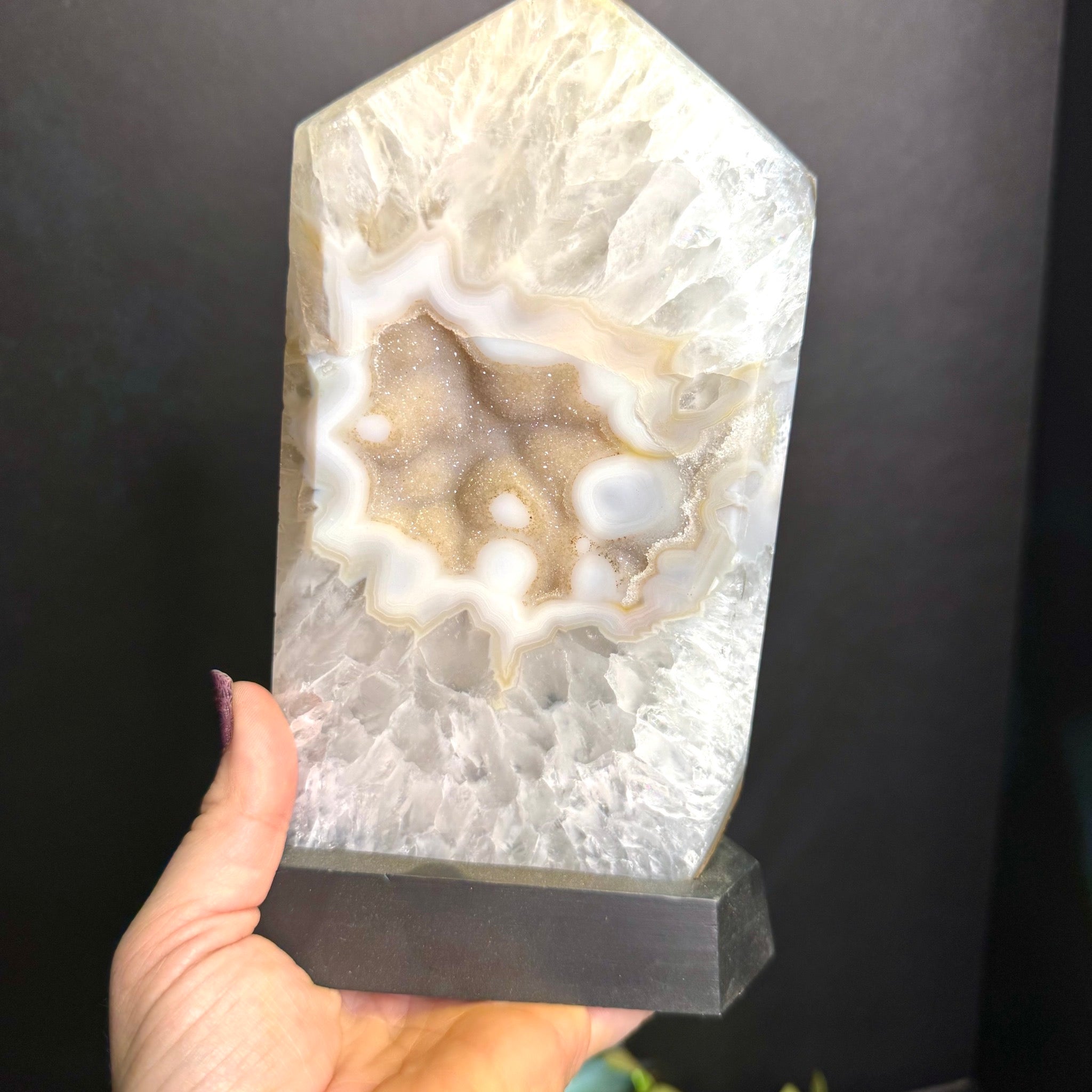 Druzy Agate on Black Wooden Base