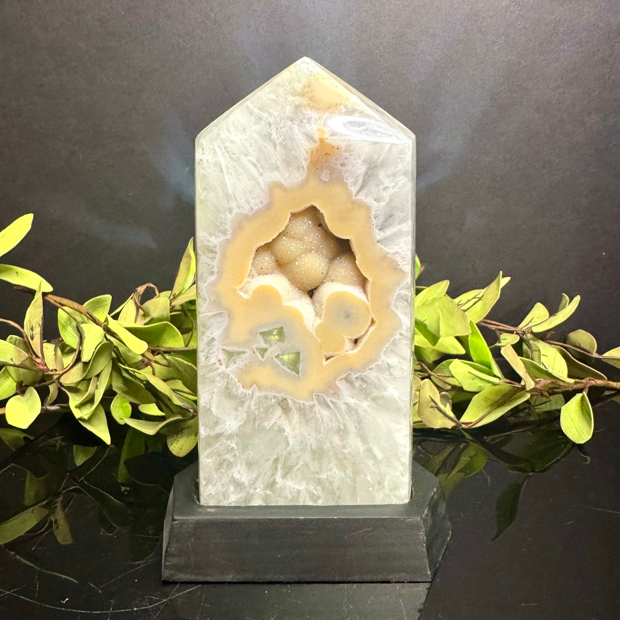 Druzy Agate on Black Wooden Base
