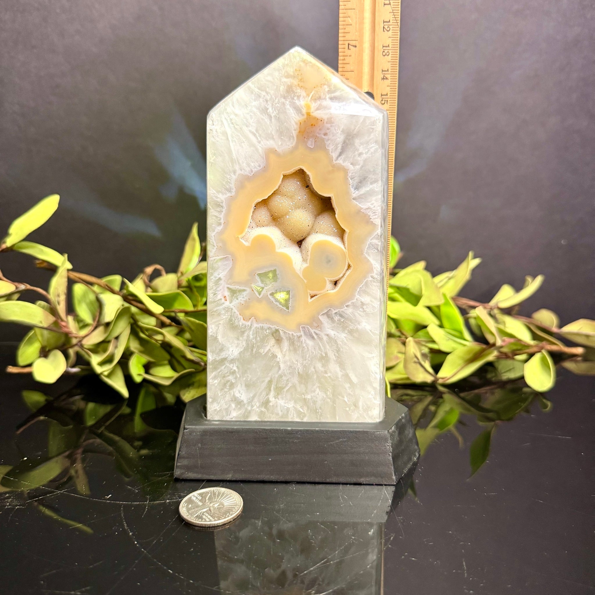 Druzy Agate on Black Wooden Base