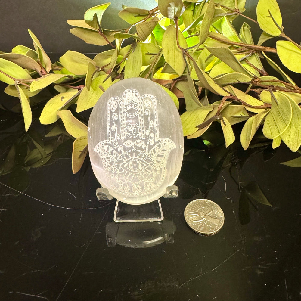 Selenite Palm Stone Etched Hamsa Hand