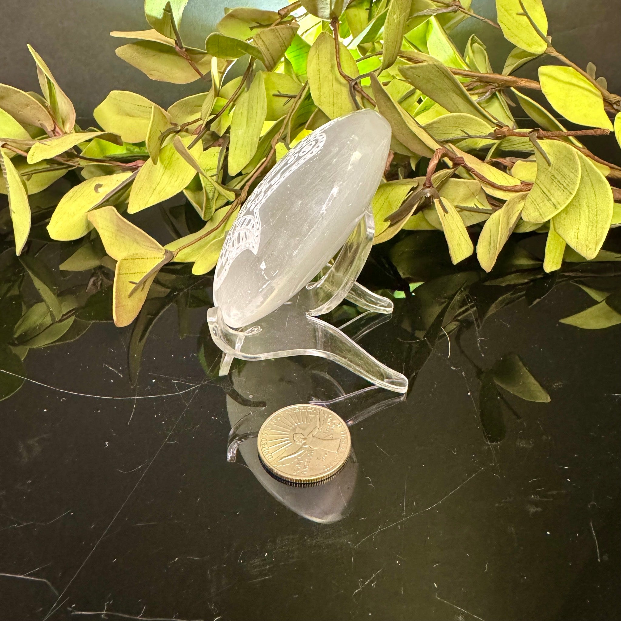 Selenite Palm Stone Etched Hamsa Hand