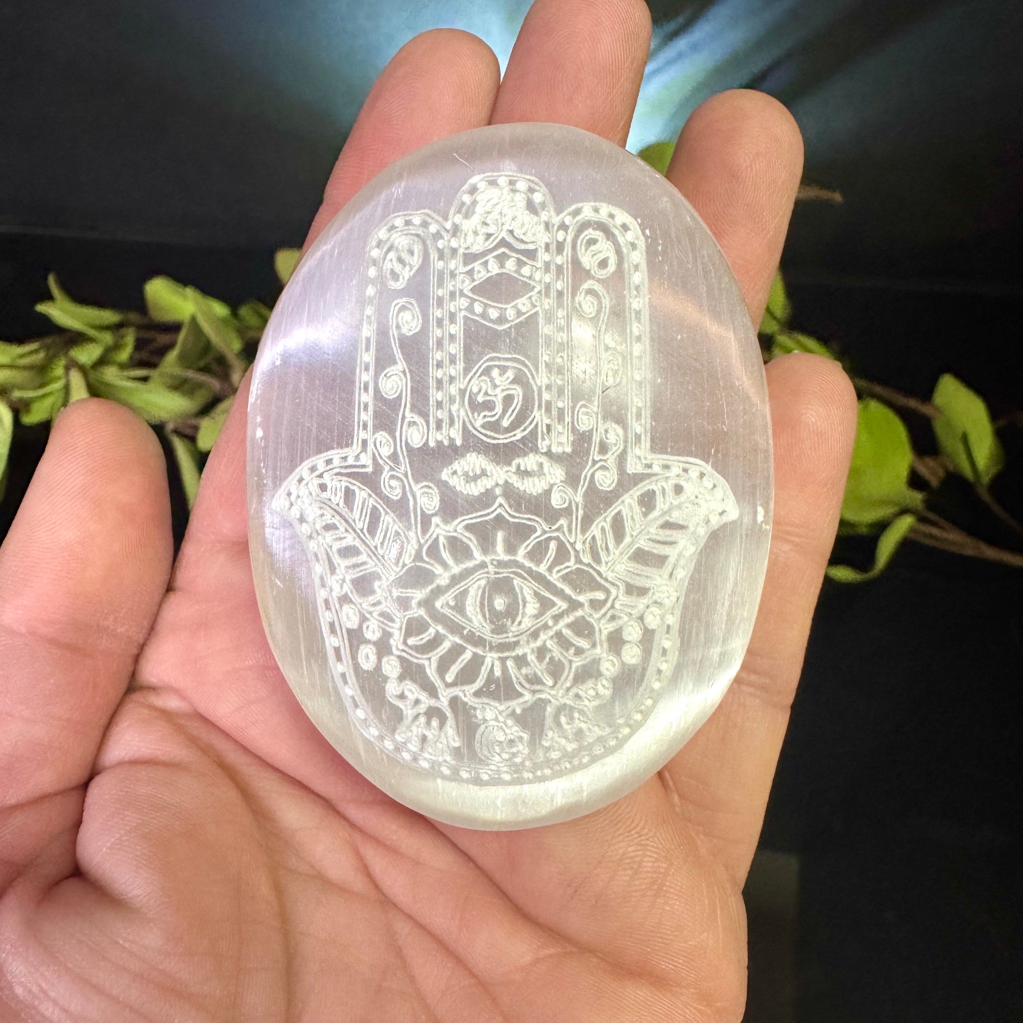 Selenite Palm Stone Etched Hamsa Hand