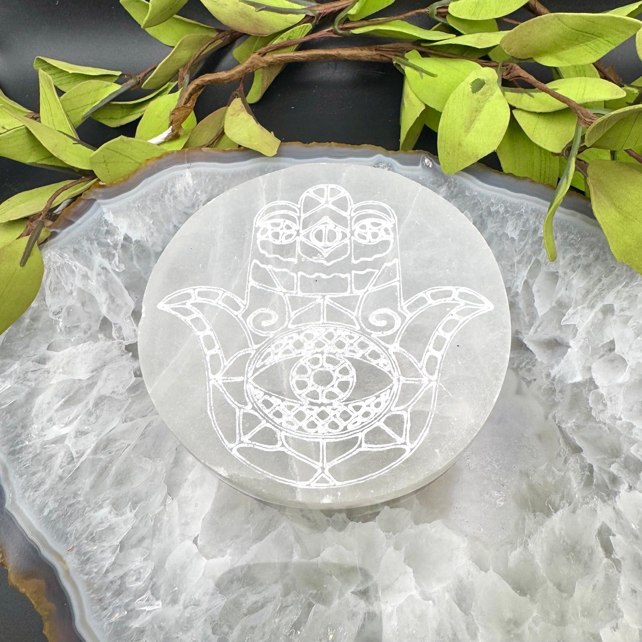 Selenite Plate Etched Hamsa Hand