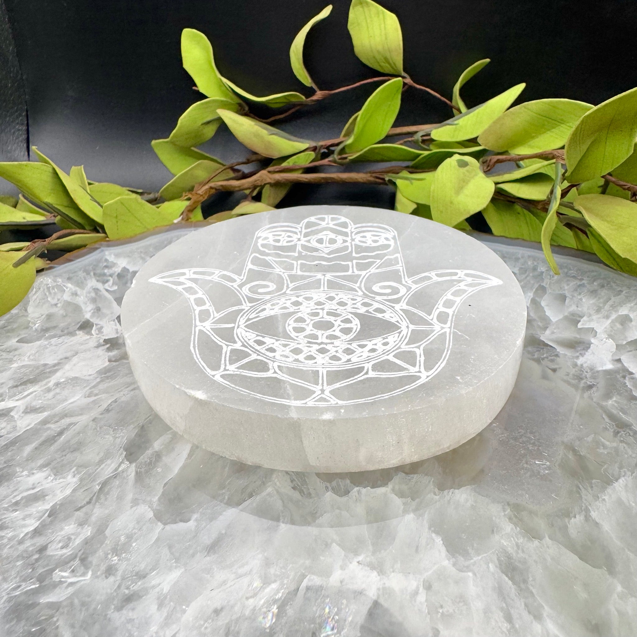 Selenite Plate Etched Hamsa Hand