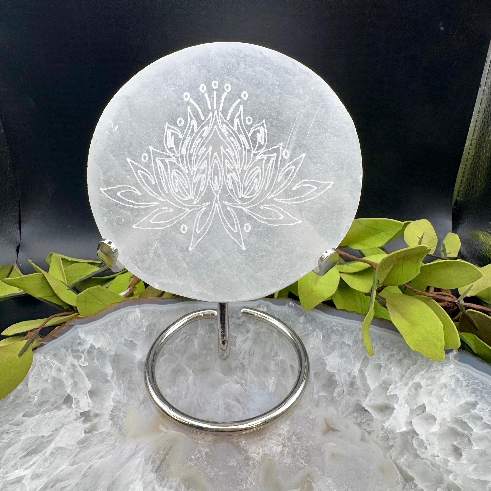 Selenite Plate Etched Lotus Flower