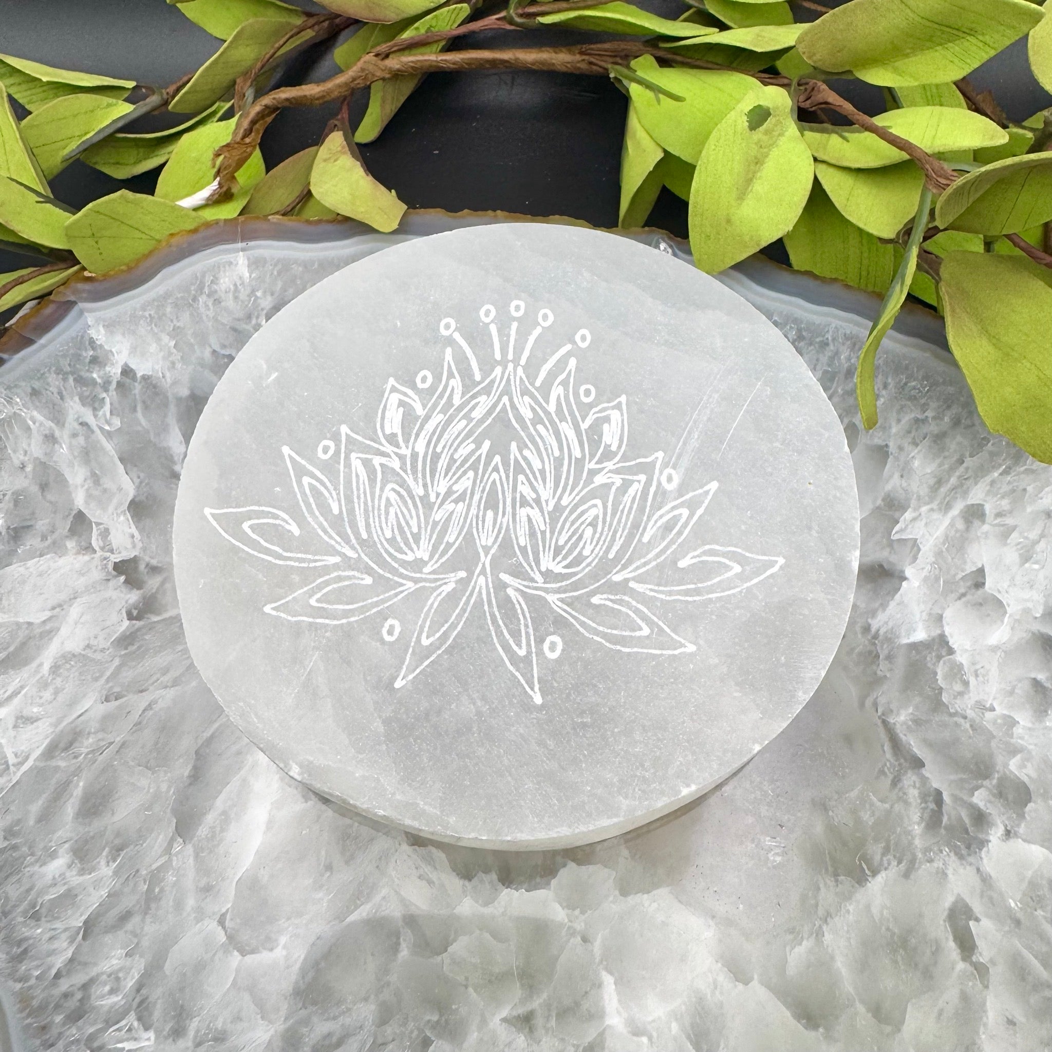 Selenite Plate Etched Lotus Flower