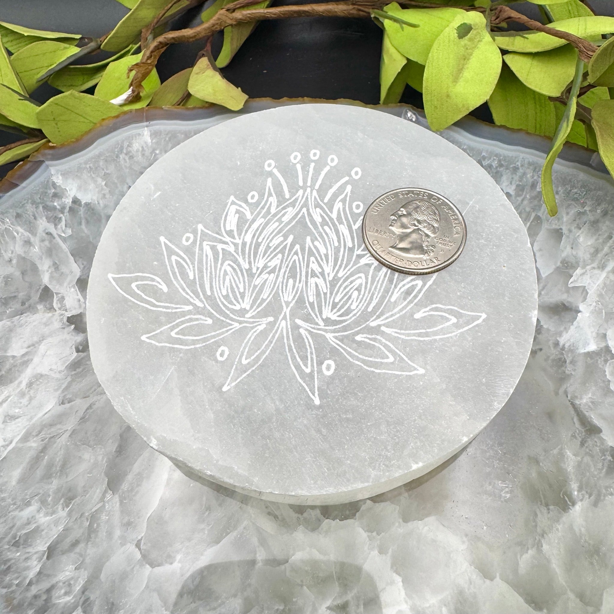 Selenite Plate Etched Lotus Flower