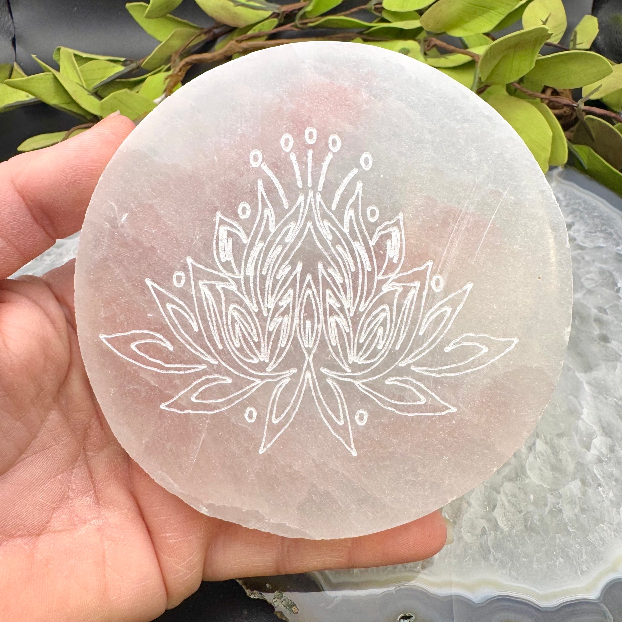 Selenite Plate Etched Lotus Flower