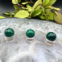 Three green gemstones in clear holders on a textured white surface with green leaves in the background.