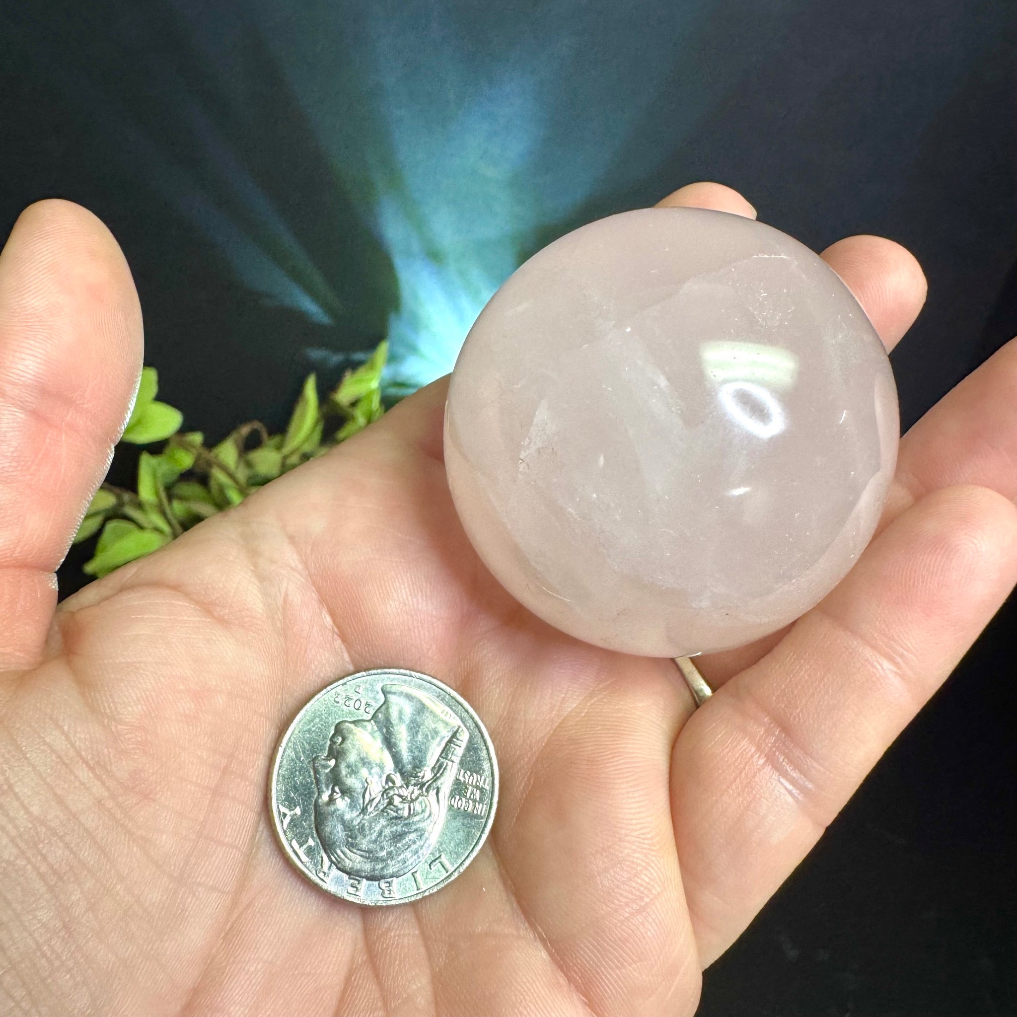 Hand holding a Rose Quartz crystal sphere next to a quarter for scale