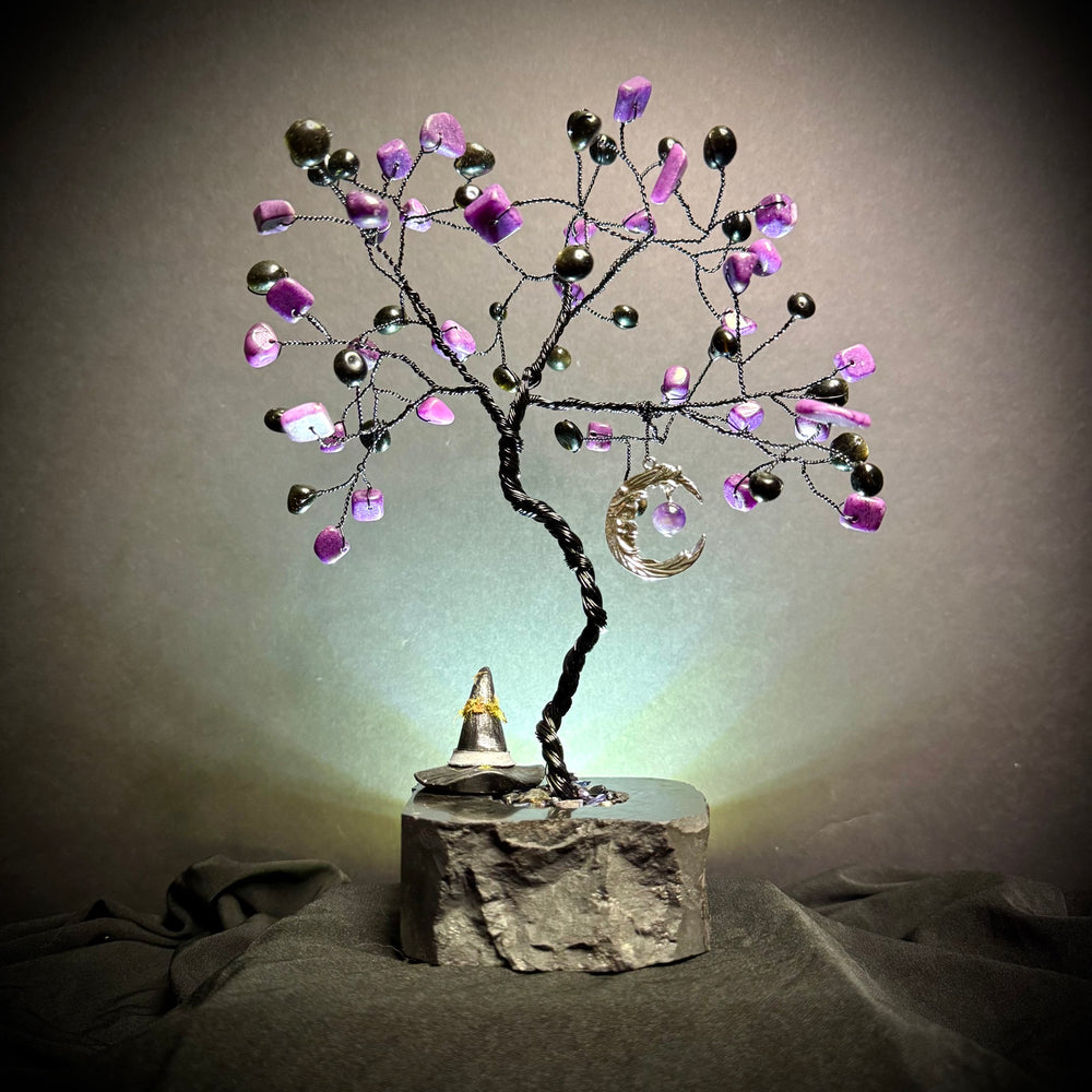 Dyed Purple Hematite & Gold Sheen Obsidian on Black Tourmaline Mojo Tree