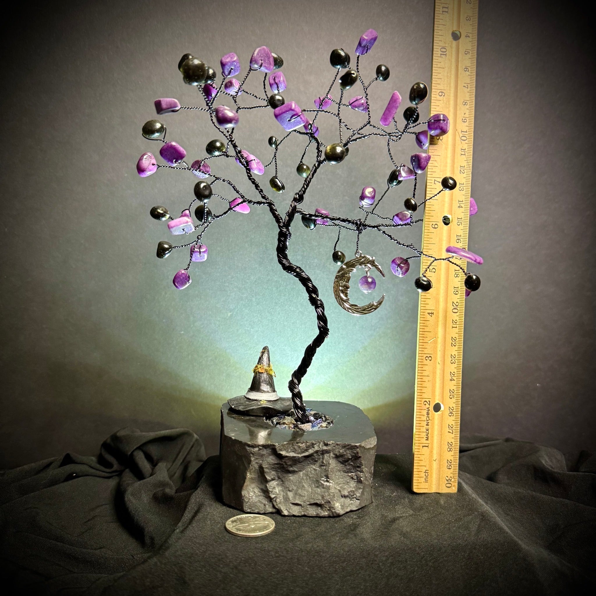 Dyed Purple Hematite & Gold Sheen Obsidian on Black Tourmaline Mojo Tree
