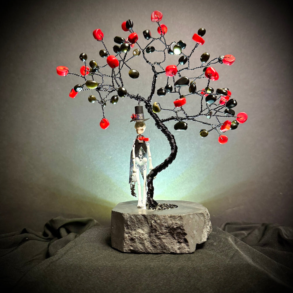 Red Bamboo Coral & Gold Sheen Obsidian on Black Tourmaline Mojo Tree