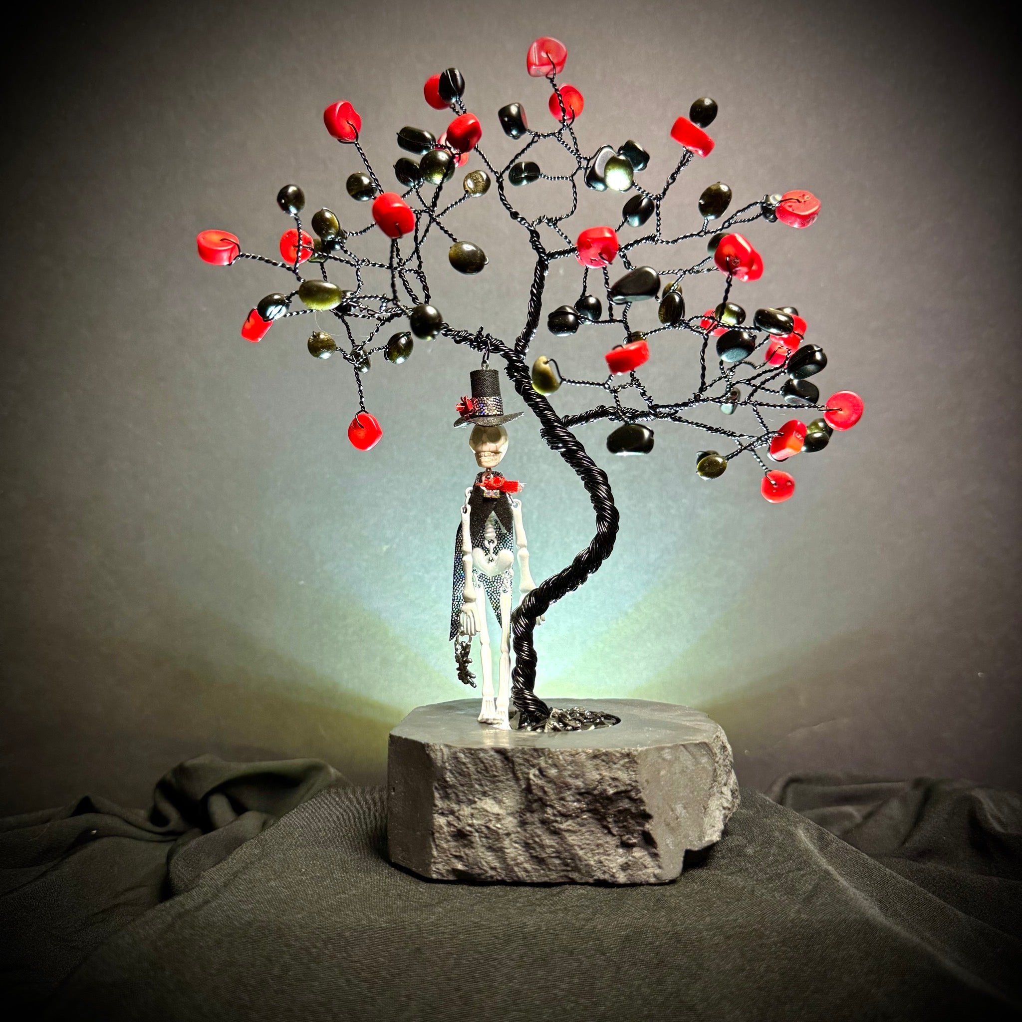 Red Bamboo Coral & Gold Sheen Obsidian on Black Tourmaline Mojo Tree