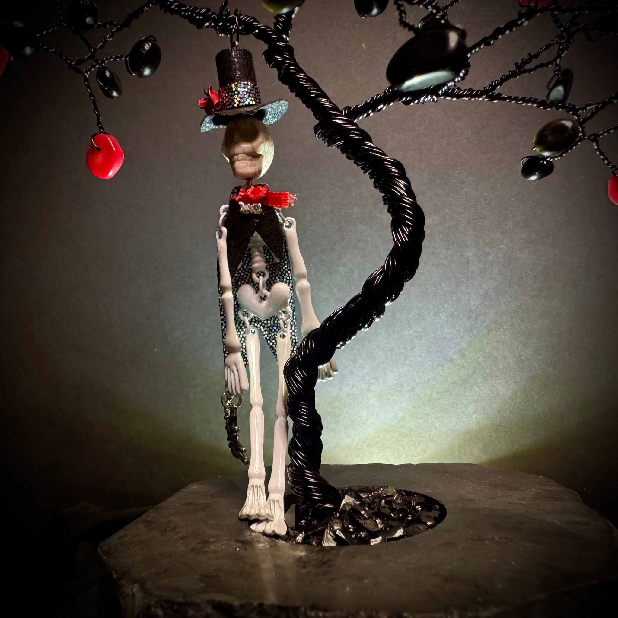 Red Bamboo Coral & Gold Sheen Obsidian on Black Tourmaline Mojo Tree