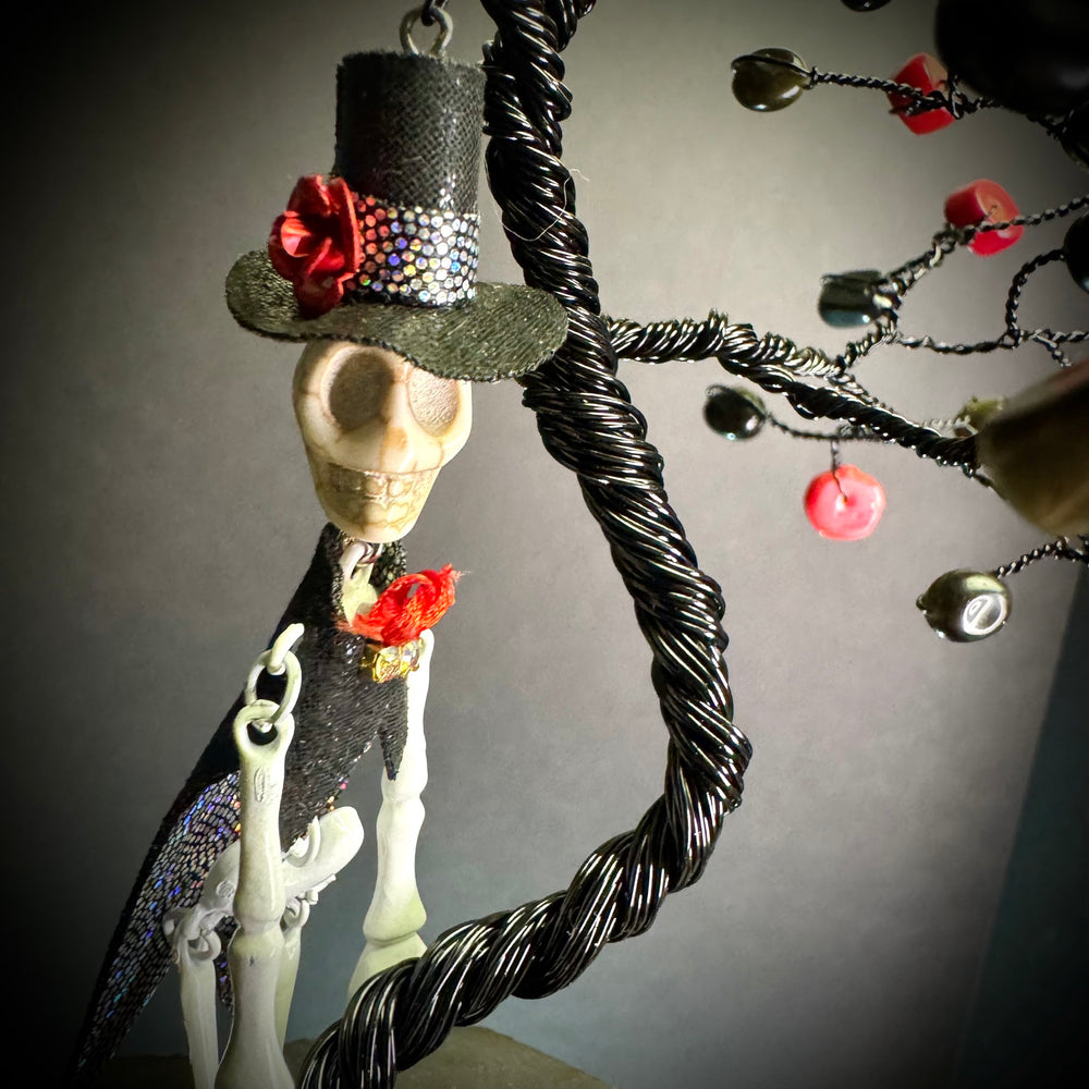 Red Bamboo Coral & Gold Sheen Obsidian on Black Tourmaline Mojo Tree