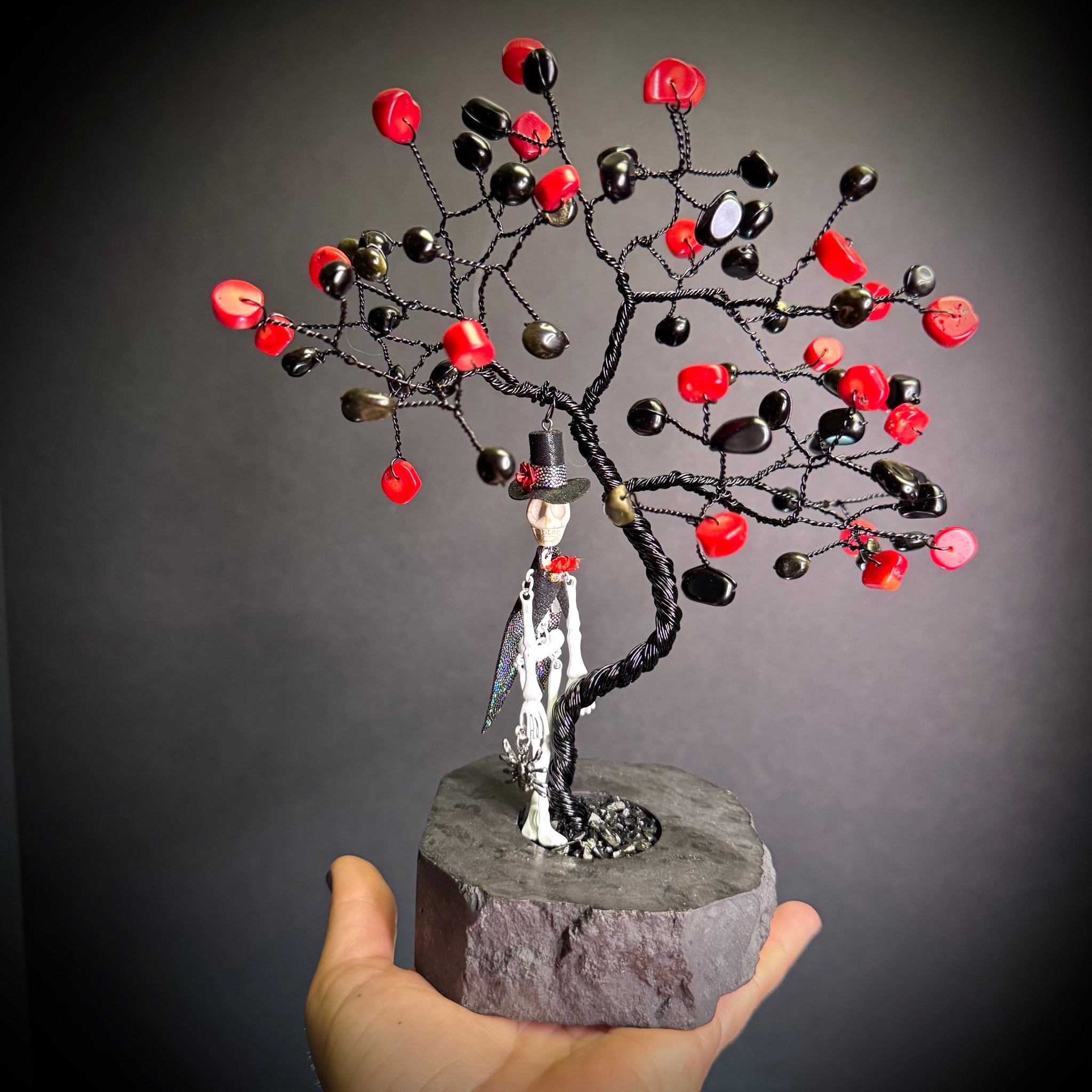 Red Bamboo Coral & Gold Sheen Obsidian on Black Tourmaline Mojo Tree