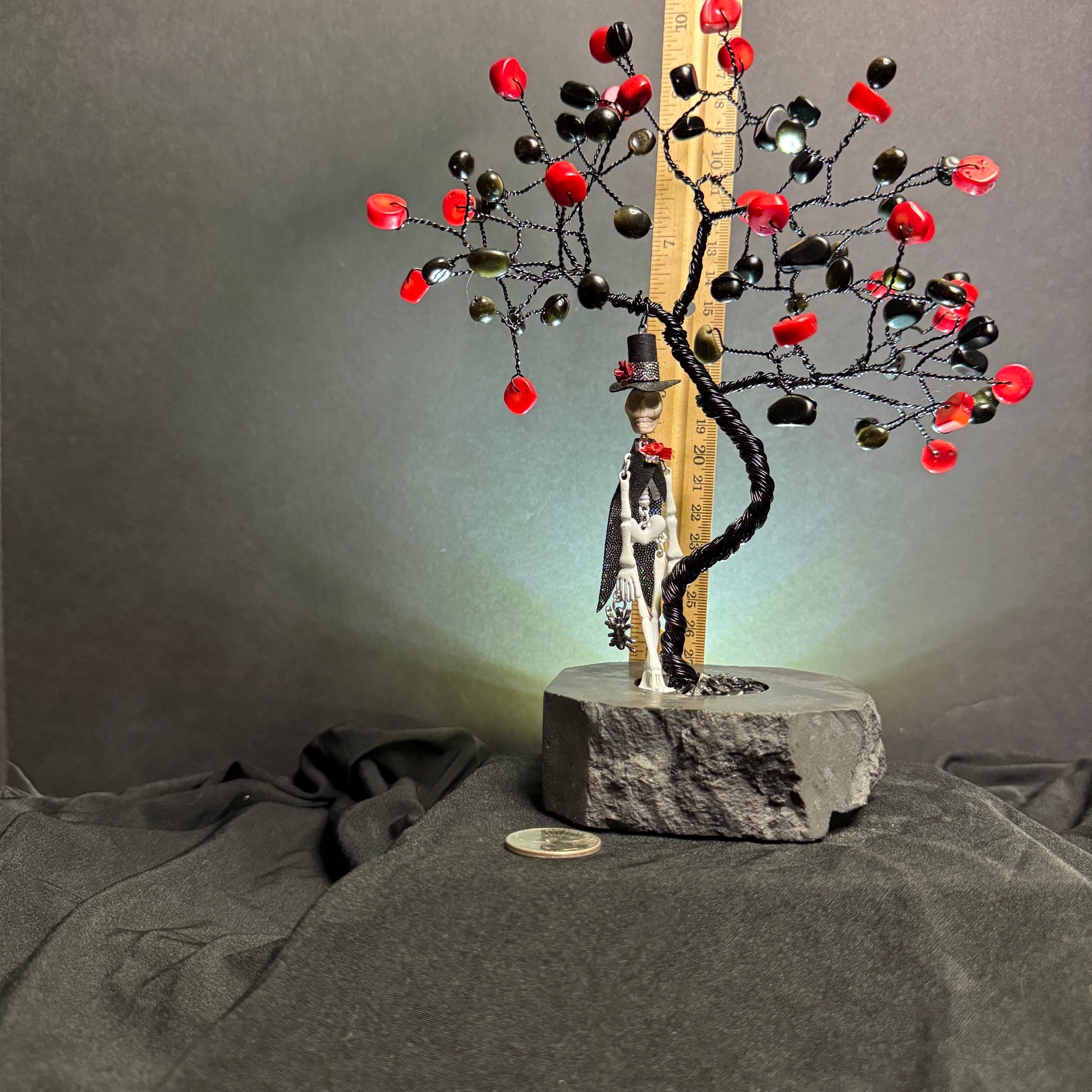 Red Bamboo Coral & Gold Sheen Obsidian on Black Tourmaline Mojo Tree