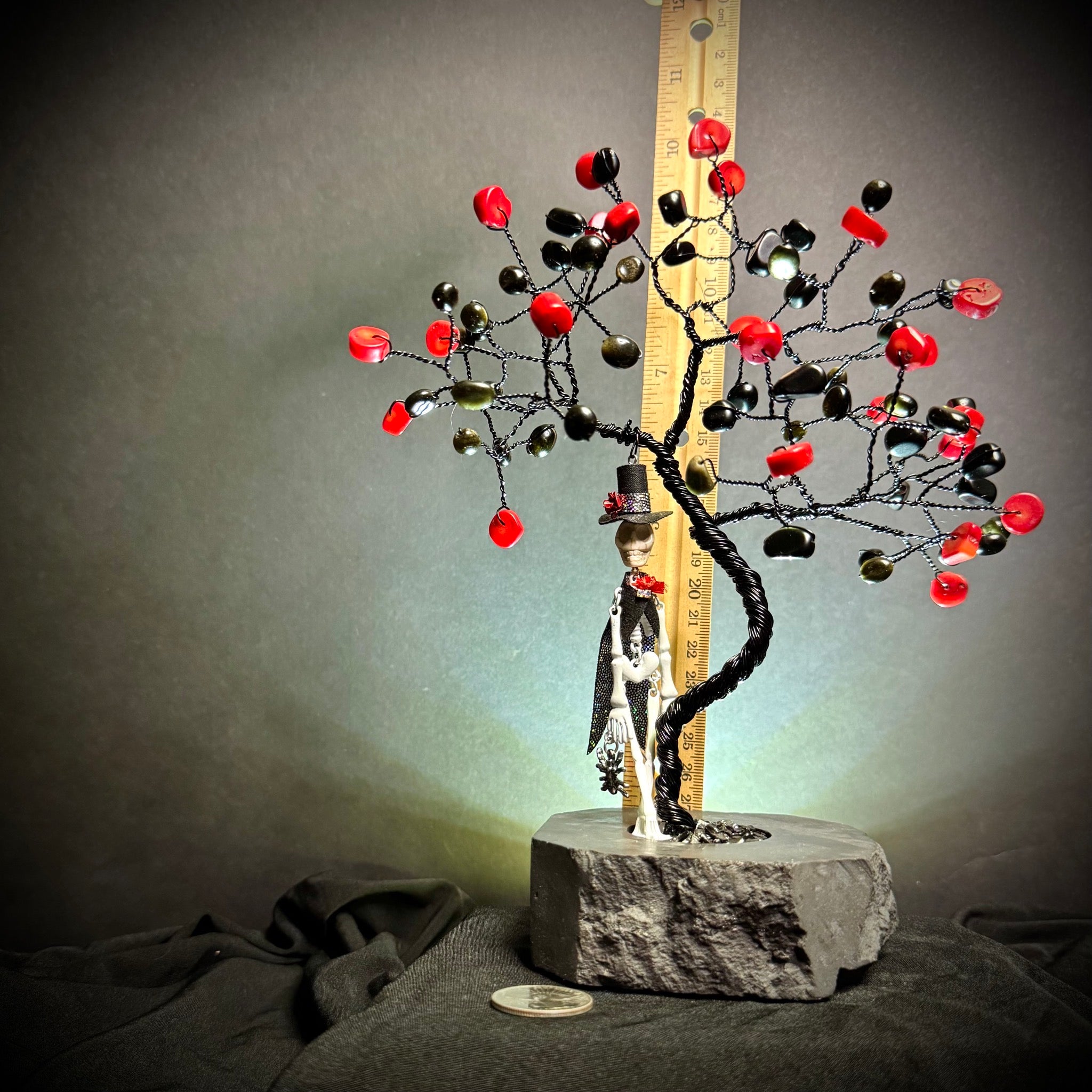 Red Bamboo Coral & Gold Sheen Obsidian on Black Tourmaline Mojo Tree