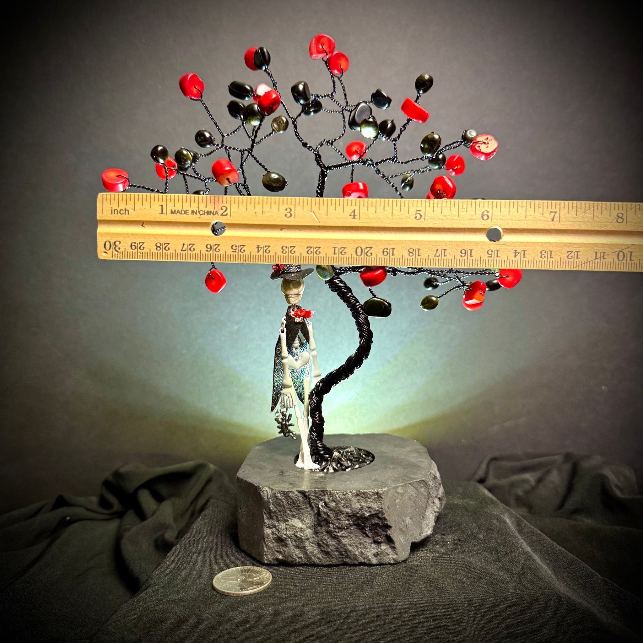 Red Bamboo Coral & Gold Sheen Obsidian on Black Tourmaline Mojo Tree