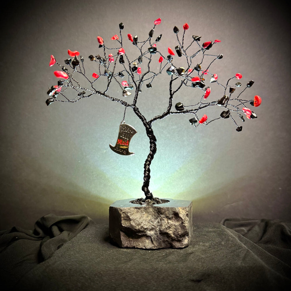Dyed Red Bamboo Coral & Black Agate on Black Tourmaline Mojo Tree