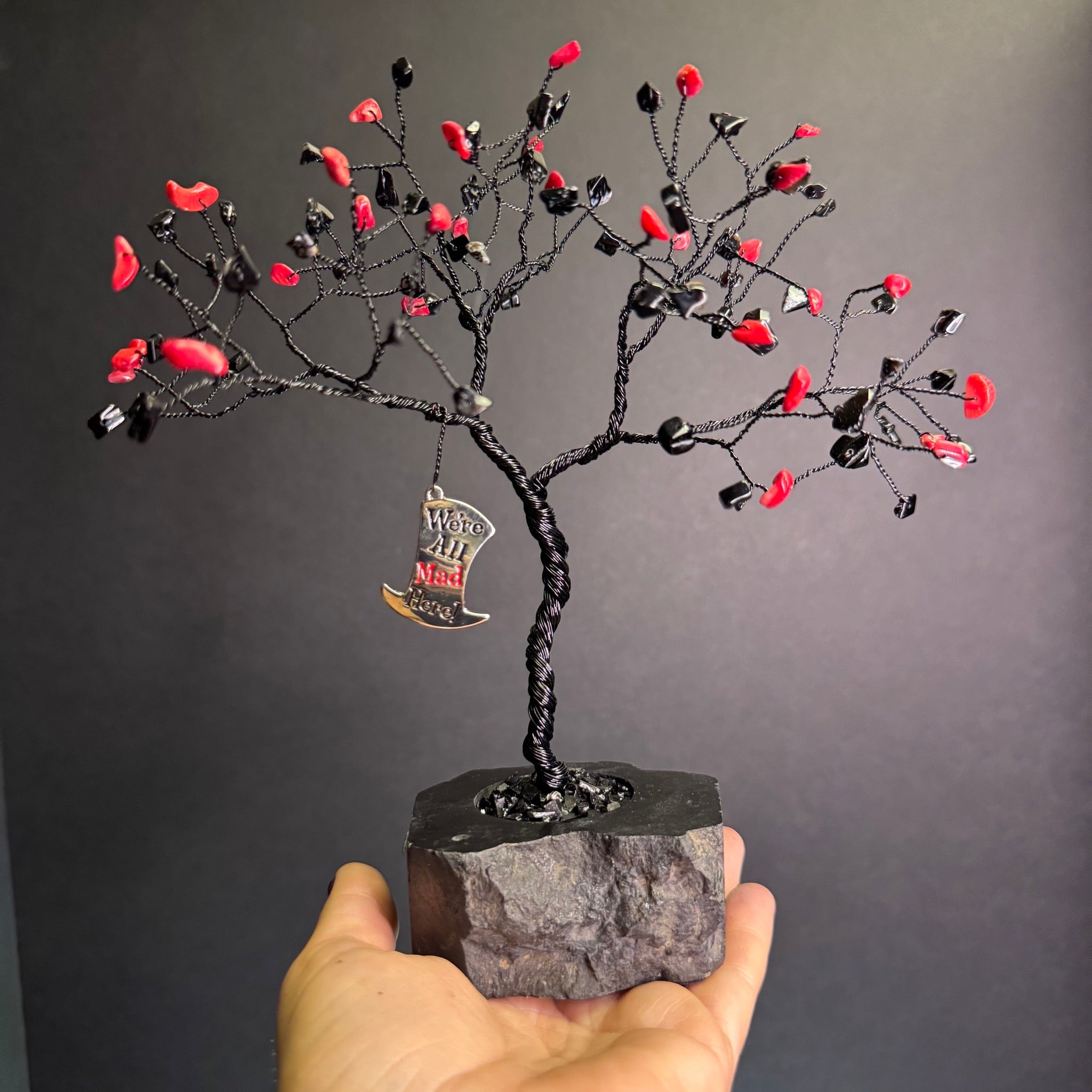 Dyed Red Bamboo Coral & Black Agate on Black Tourmaline Mojo Tree