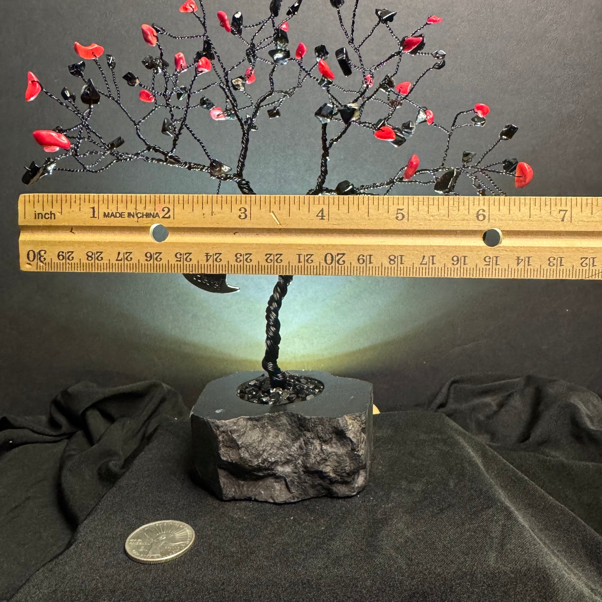 Dyed Red Bamboo Coral & Black Agate on Black Tourmaline Mojo Tree
