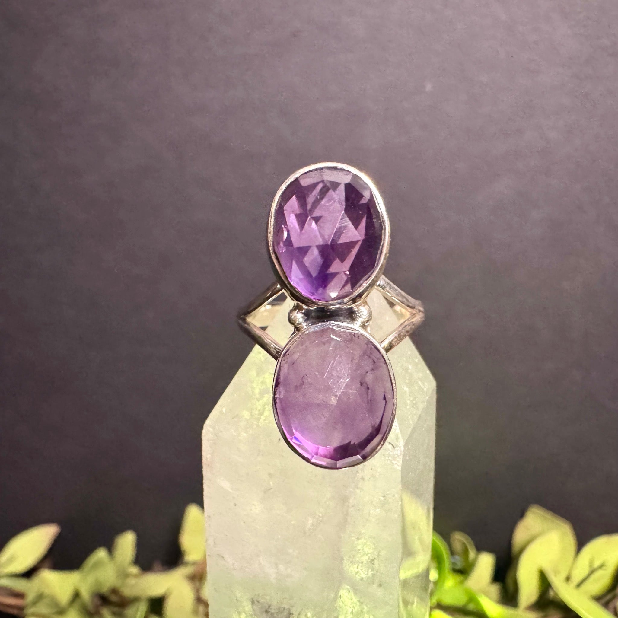 Faceted 2 Stone Amethyst Ring Sterling Silver