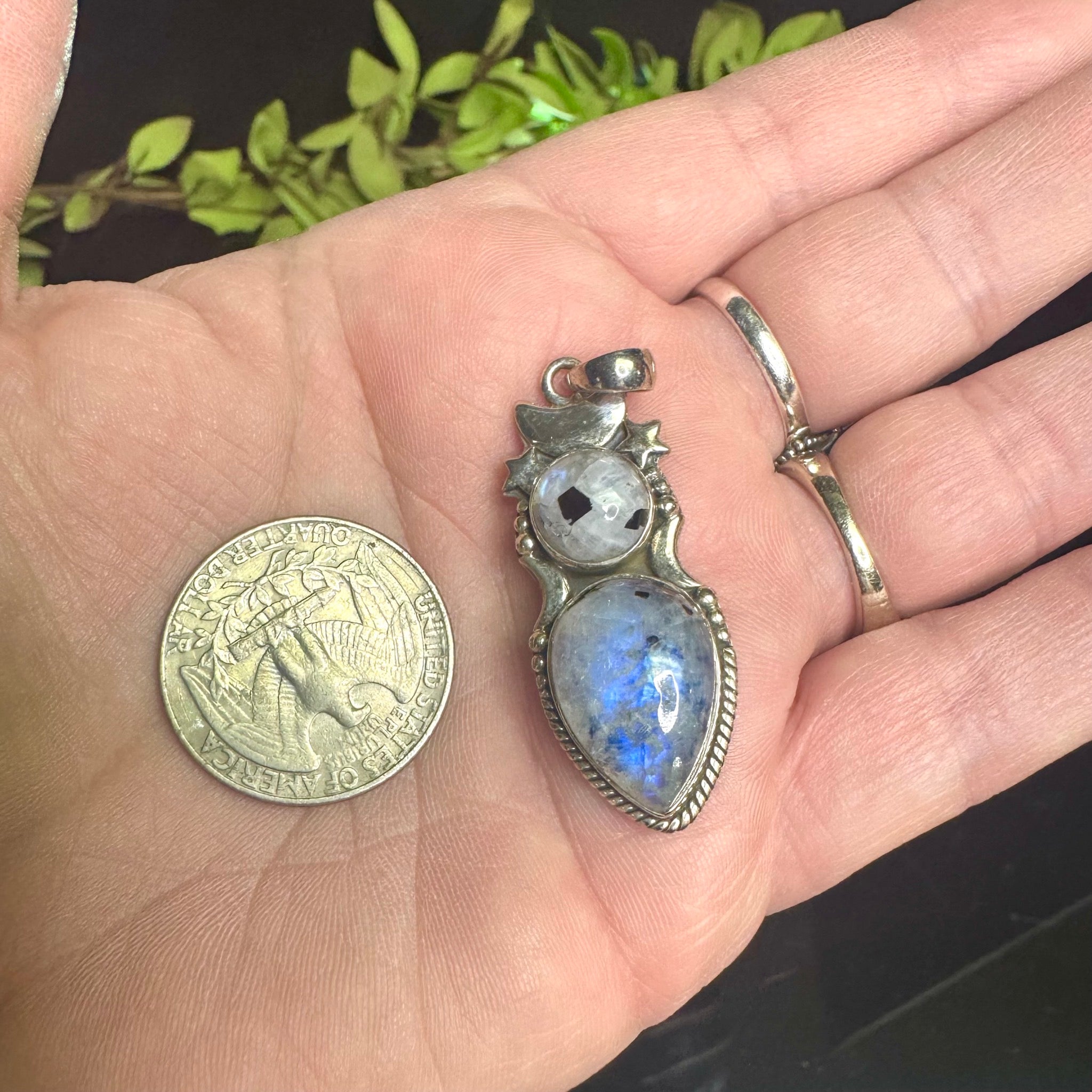 Rainbow Moonstone with Moon and Stars Pendant Sterling Silver
