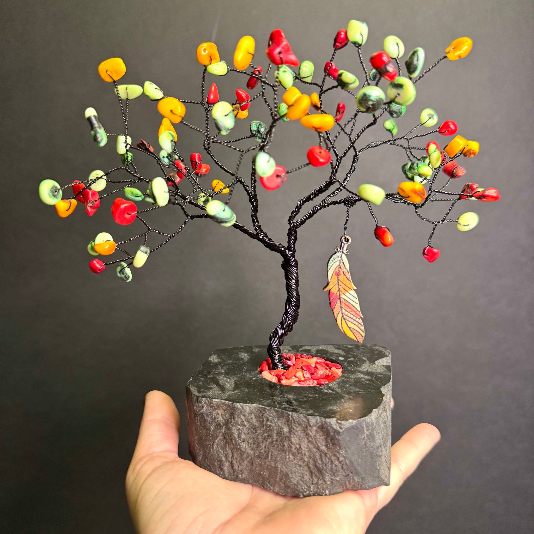 Dyed Coral on Black Tourmaline Mojo Tree