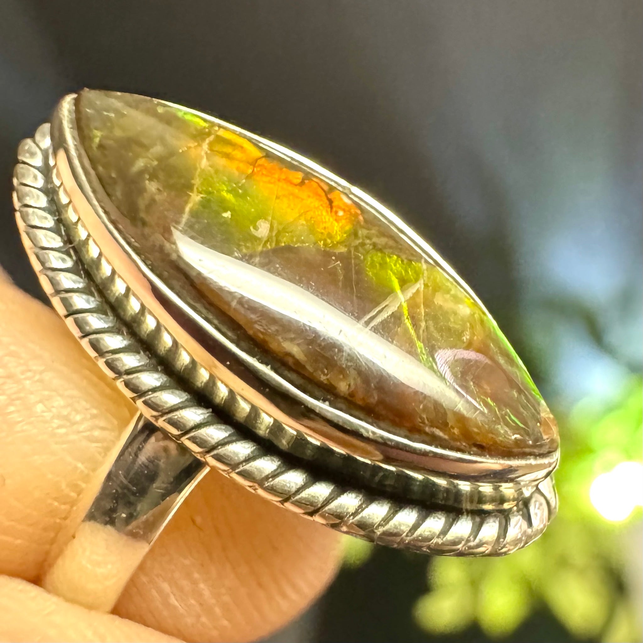 Oval Ammolite Ring Sterling Silver