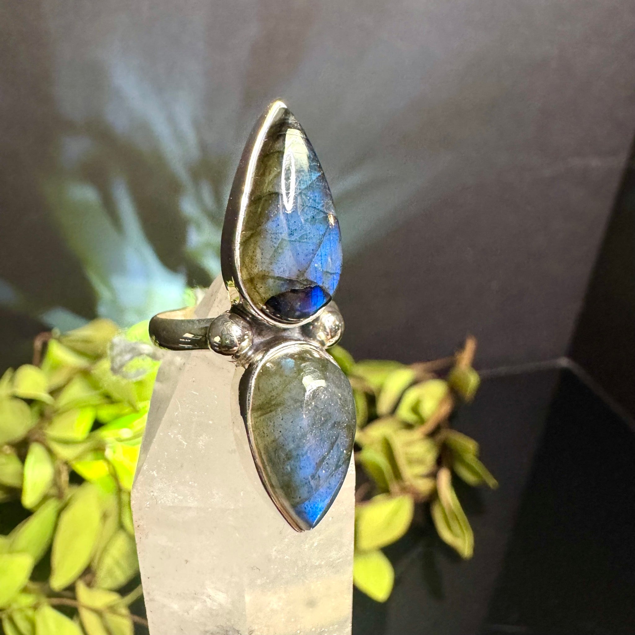 Double Teardrop Labradorite Ring Sterling Silver