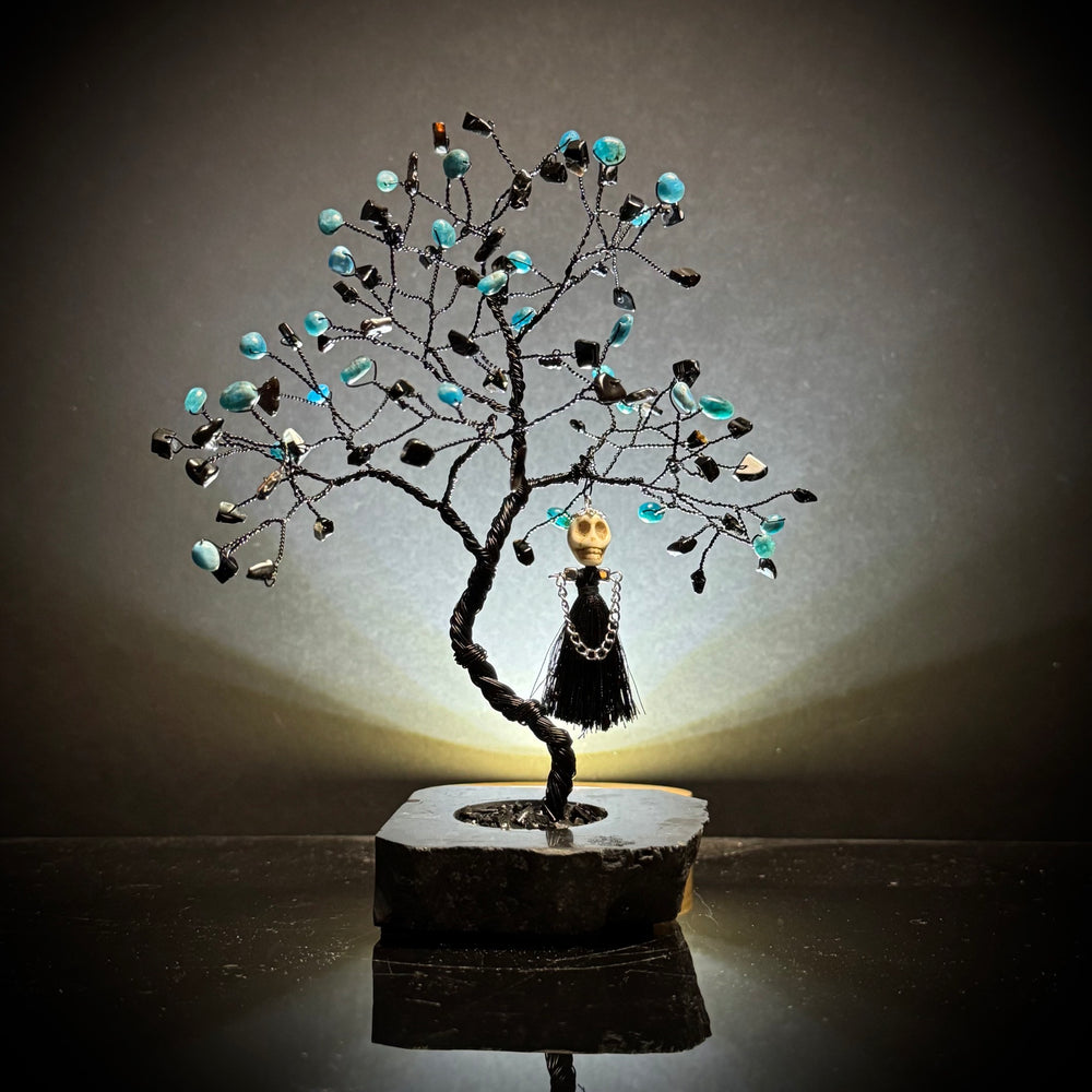 Blue Apatite & Black Agate on Black Tourmaline Mojo Tree