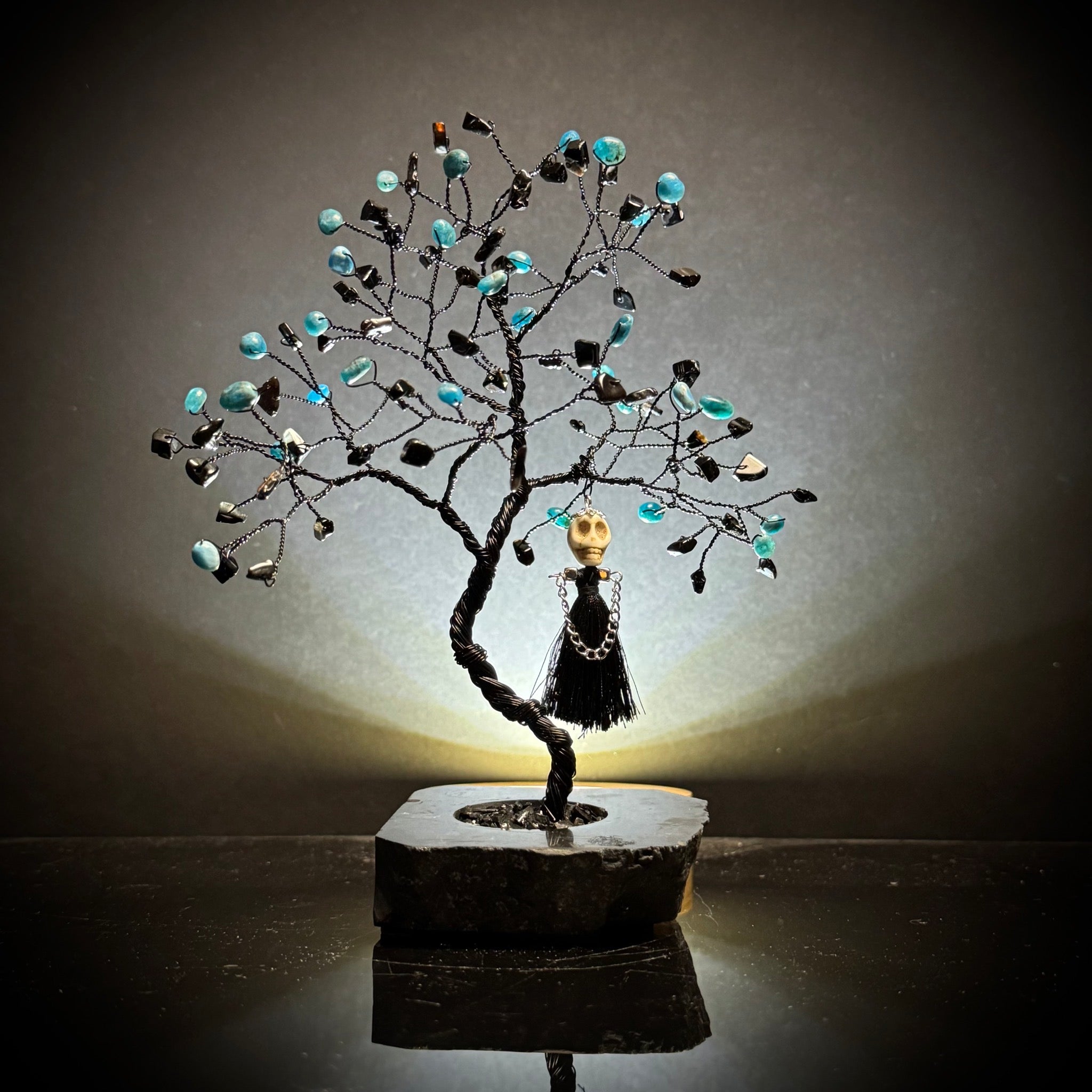 Blue Apatite & Black Agate on Black Tourmaline Mojo Tree