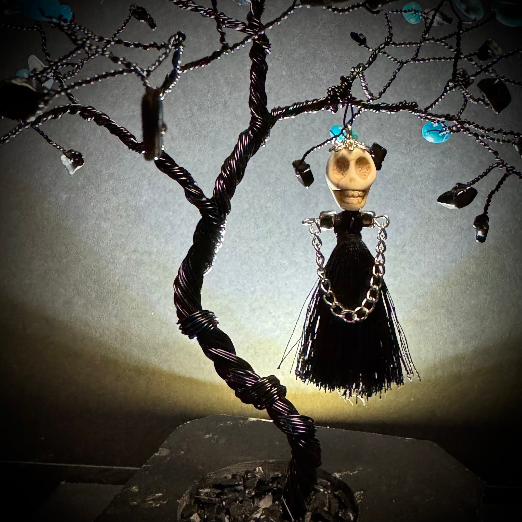 Blue Apatite & Black Agate on Black Tourmaline Mojo Tree