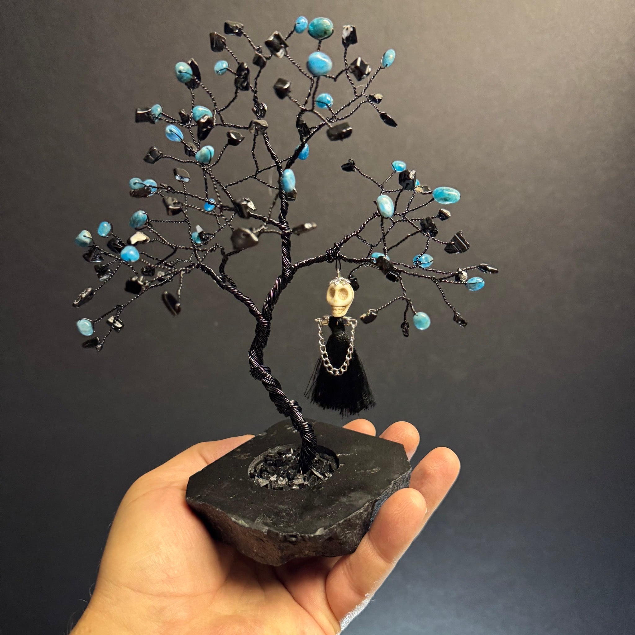 Blue Apatite & Black Agate on Black Tourmaline Mojo Tree