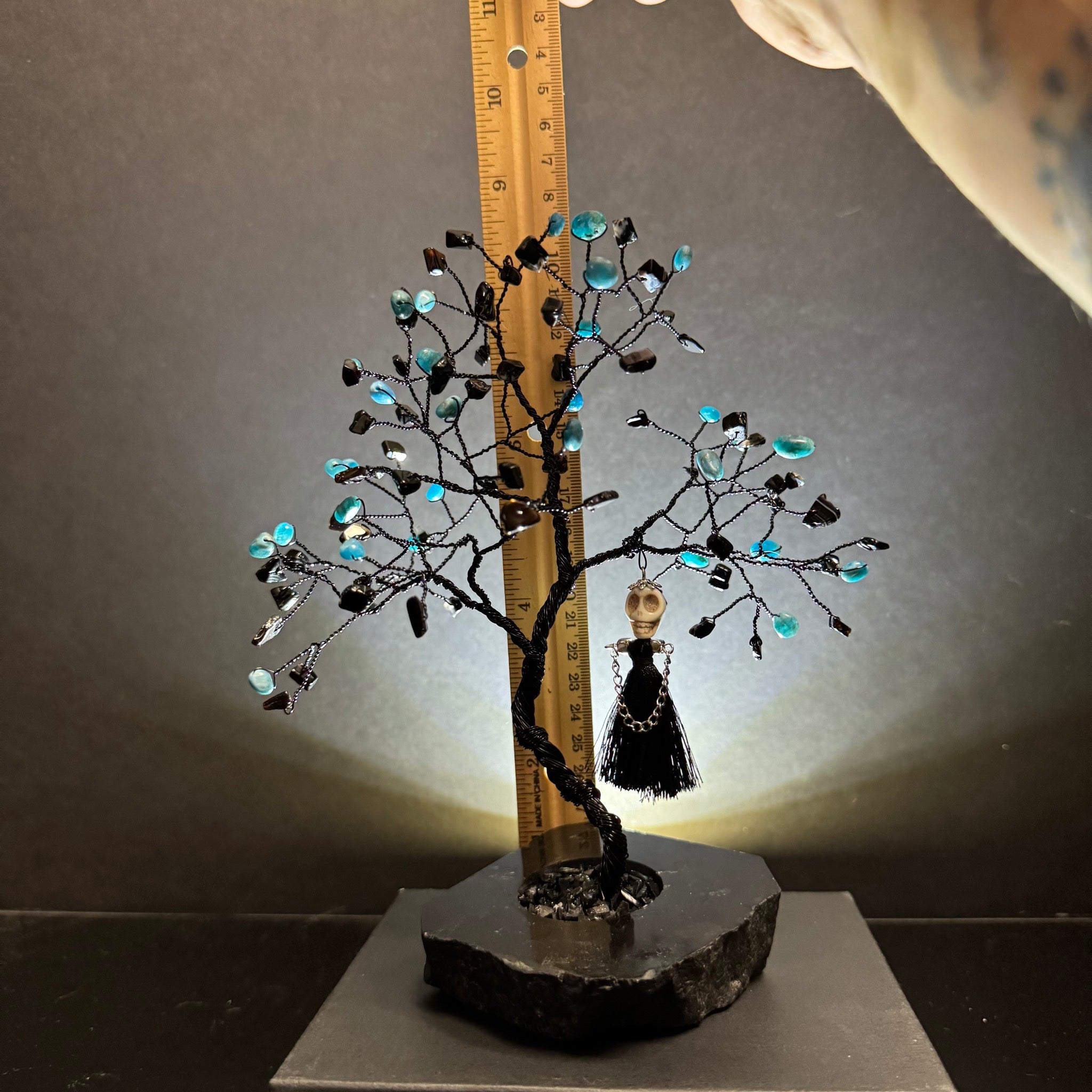 Blue Apatite & Black Agate on Black Tourmaline Mojo Tree