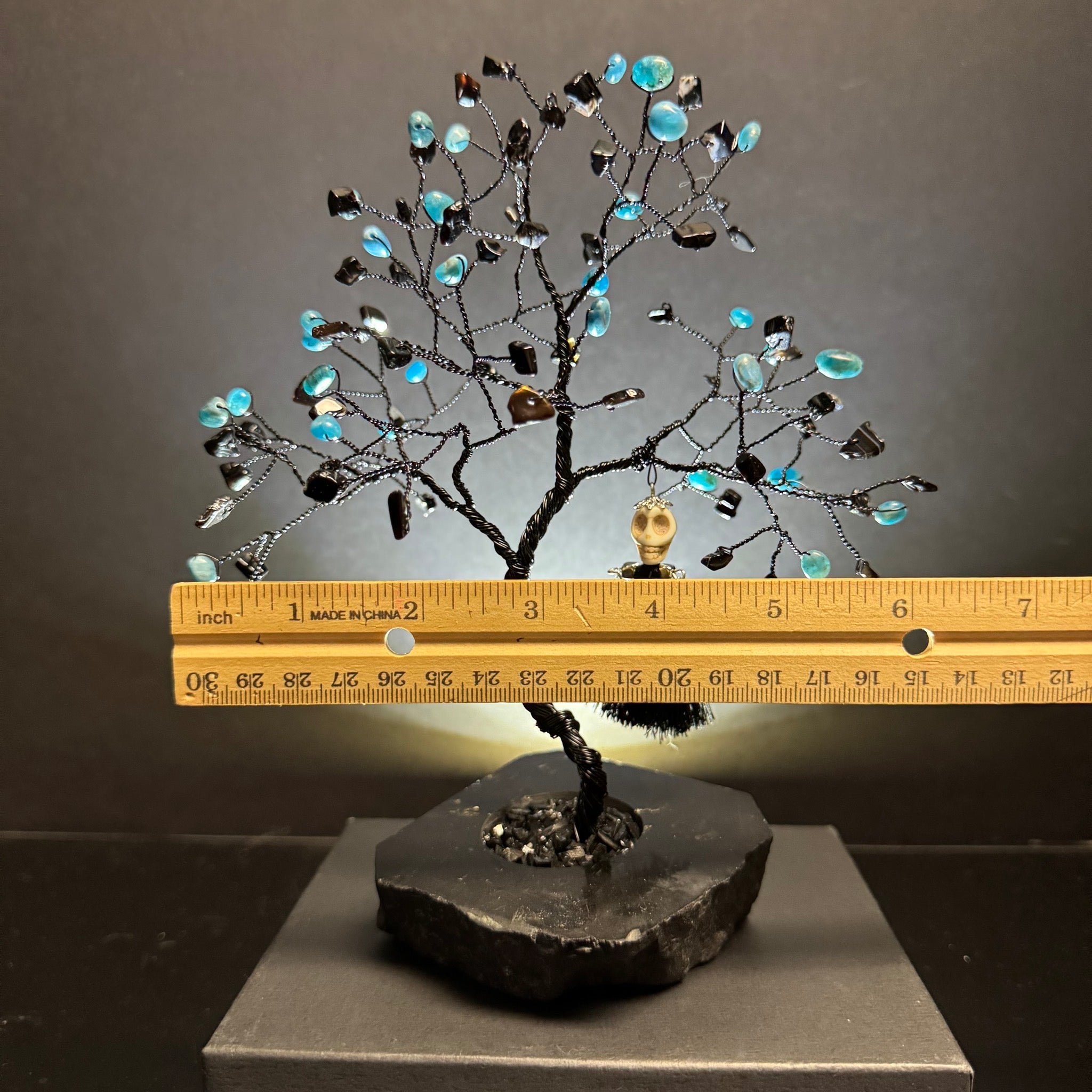 Blue Apatite & Black Agate on Black Tourmaline Mojo Tree